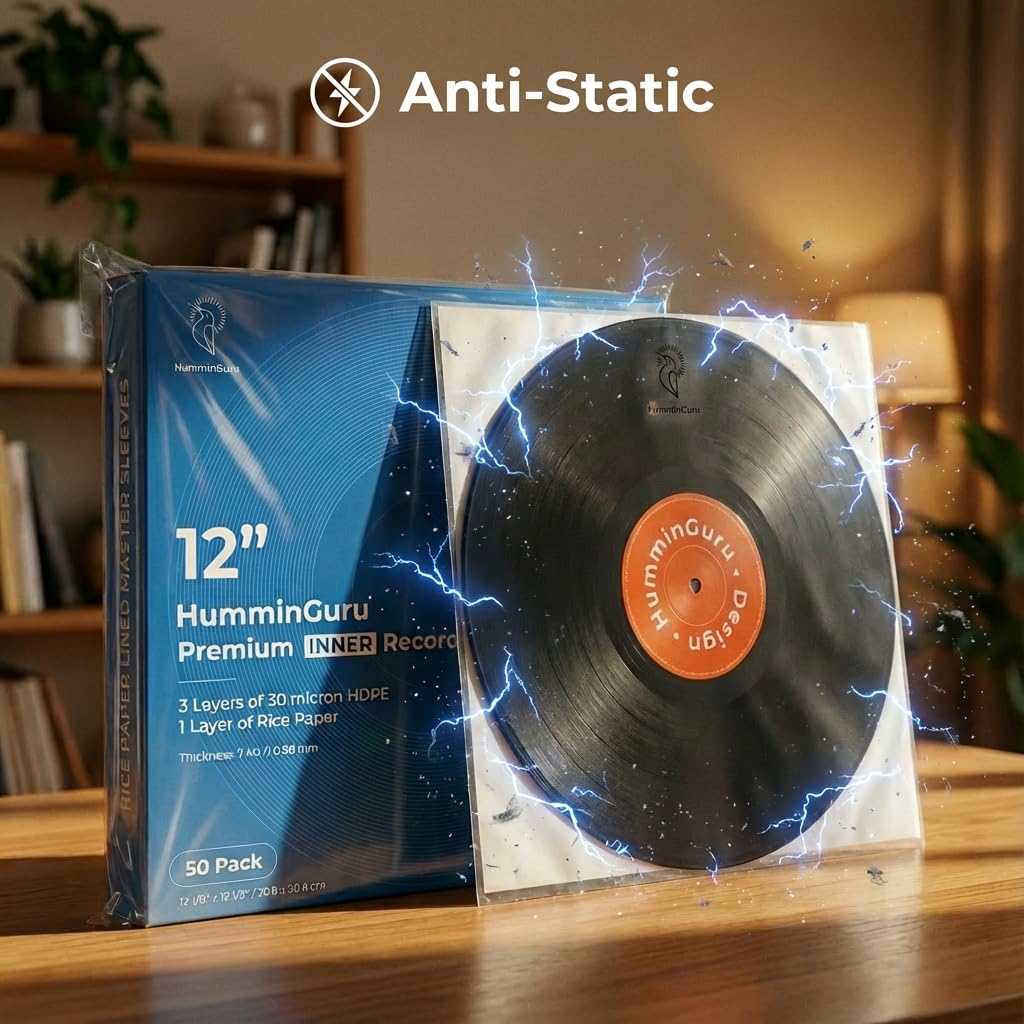HumminGuru 3-Ply Premium Inner Record Sleeves 12 Inch. Rice Paper Lined Master Sleeve. Anti-Static Vinyl Record Sleeve, Acid-Free Thick HDPE 3+1 Layer in 7 Mil, 50 Pack (12” Premium Inner Sleeves)