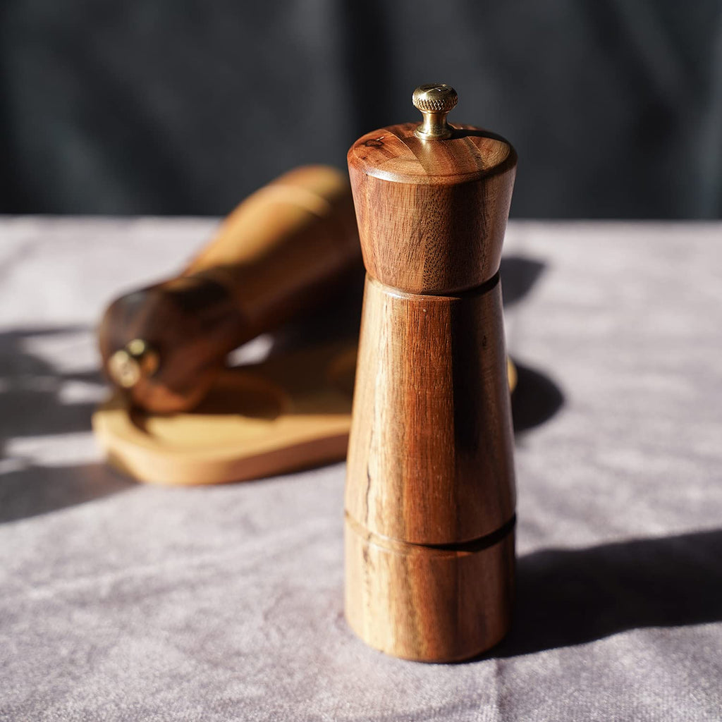DeroTeno Pepper Grinder, Pepper Mill with Adjustable Stainless Steel, Acacia Wood, 16.5 cm / 6 inch Height, Bottom Dia: 5 cm, Upper Dia: 4.5 cm (Tray is NOT Included)