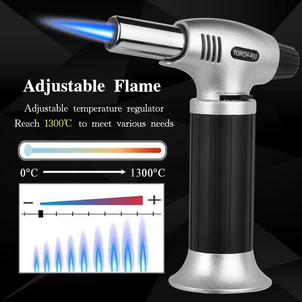 Butane Torch, Professional Culinary Torch Lighter, Blow Torch Refillable Portable, Kitchen Torch with Safety Lock and Adjustable Flame for Desserts BBQ Baking Camping (Butane Gas not Included)