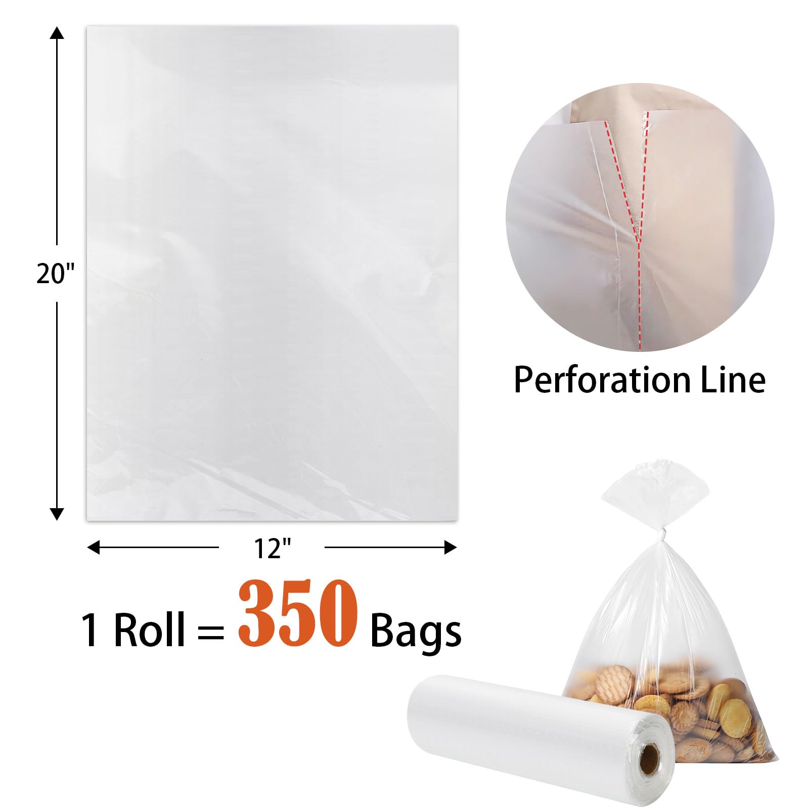 12" x 20" Clear Plastic Produce Bag on a Roll, Food Storage Bag for Vegetables, Bread, Fruits and Meat, Easy To Tear, Continuous - 350 Bags/Roll - [2 Rolls]