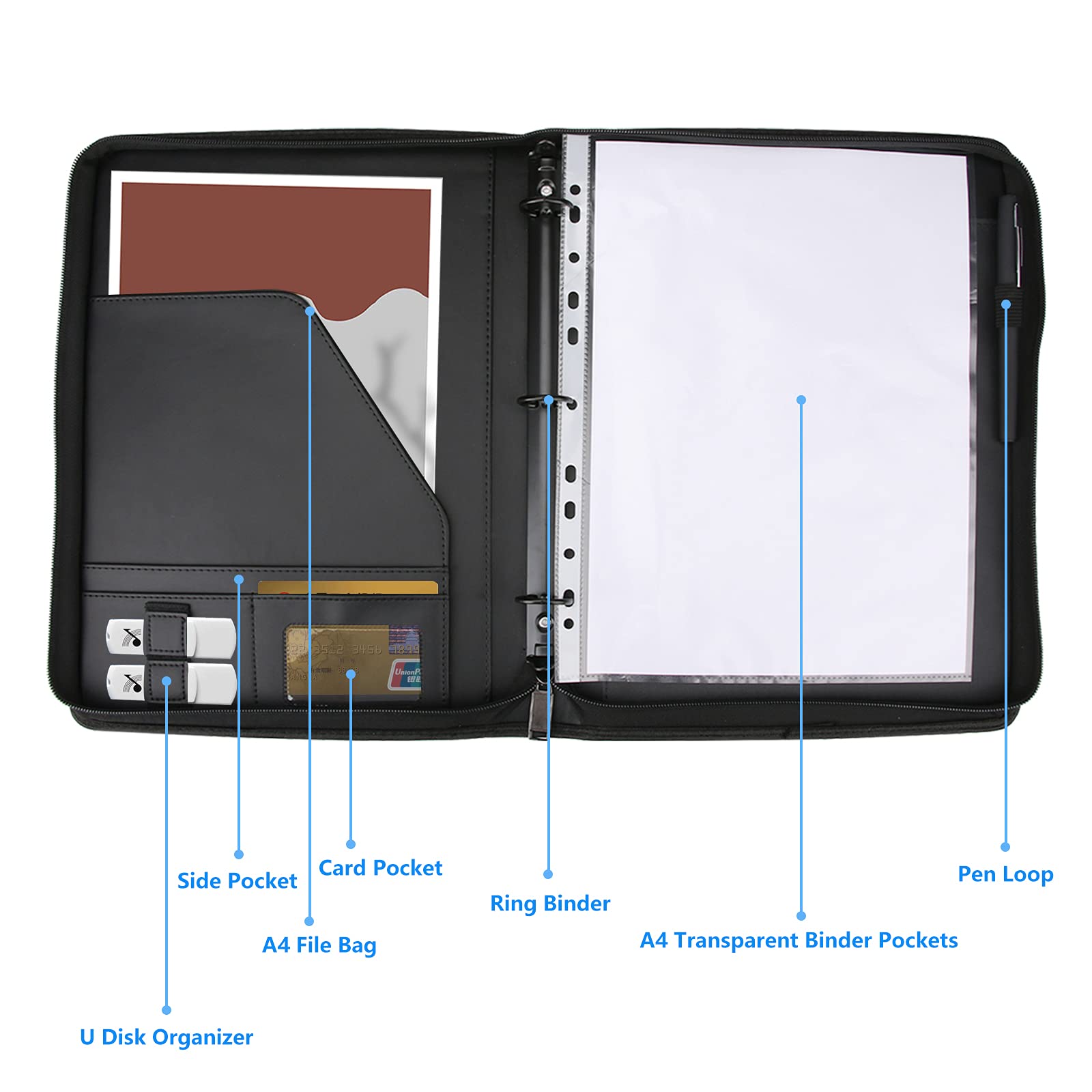 Laelr Zippered Portfolio 3 Ring Binder with 8 Pockes, Leather Business Padfolio with Zipper, A4 Document Binder Organizer for School Office