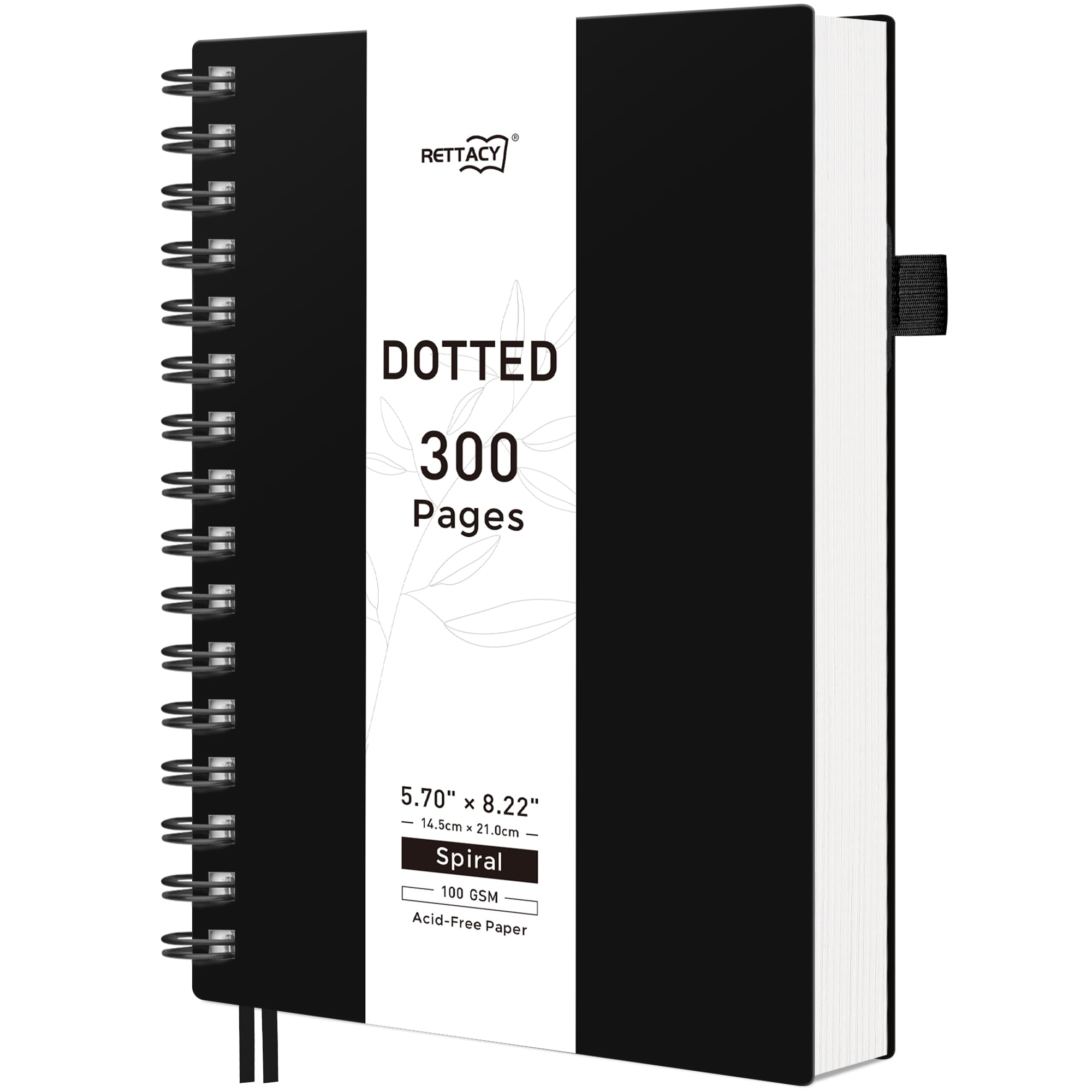 RETTACY Dotted Journal Notebook, 300 Pages, A5 Medium Size (14.5 x 21 cm), 100 GSM Thick Paper, Flexible Plastic Cover, Spiral-bound, for Journaling, Planning, Tracking (Black)