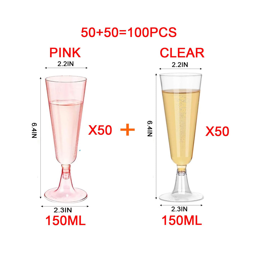 shanmeshan Champagne Flutes Plastic,100 Pack Wine Glasses,Disposable Champagne Glasses,5 Oz Clear and Pink Shot Cups,Christmas Party Wedding Birthday Drinking Beer Water Dessert Cocktail Cups Bulk