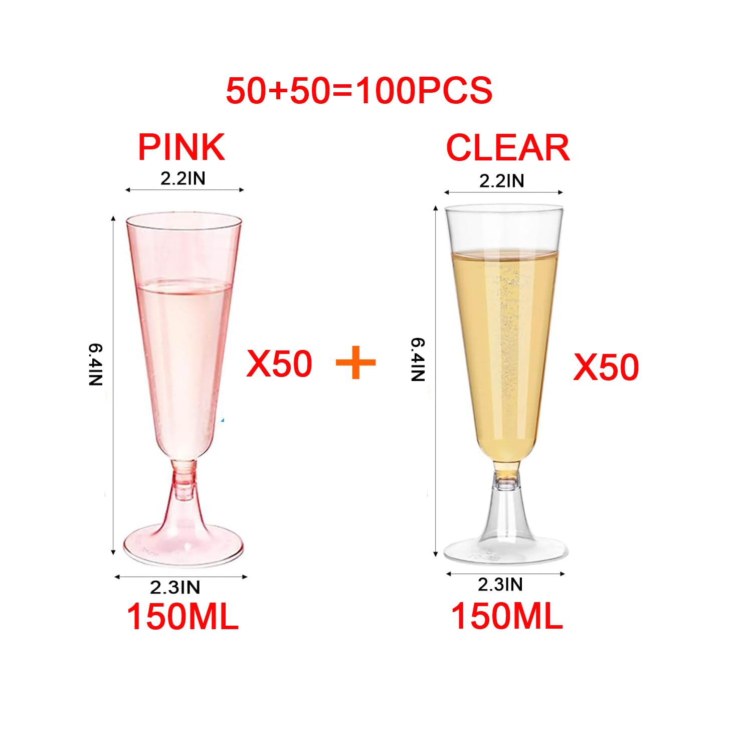 shanmeshan Champagne Flutes Plastic,100 Pack Wine Glasses,Disposable Champagne Glasses,5 Oz Clear and Pink Shot Cups,Christmas Party Wedding Birthday Drinking Beer Water Dessert Cocktail Cups Bulk