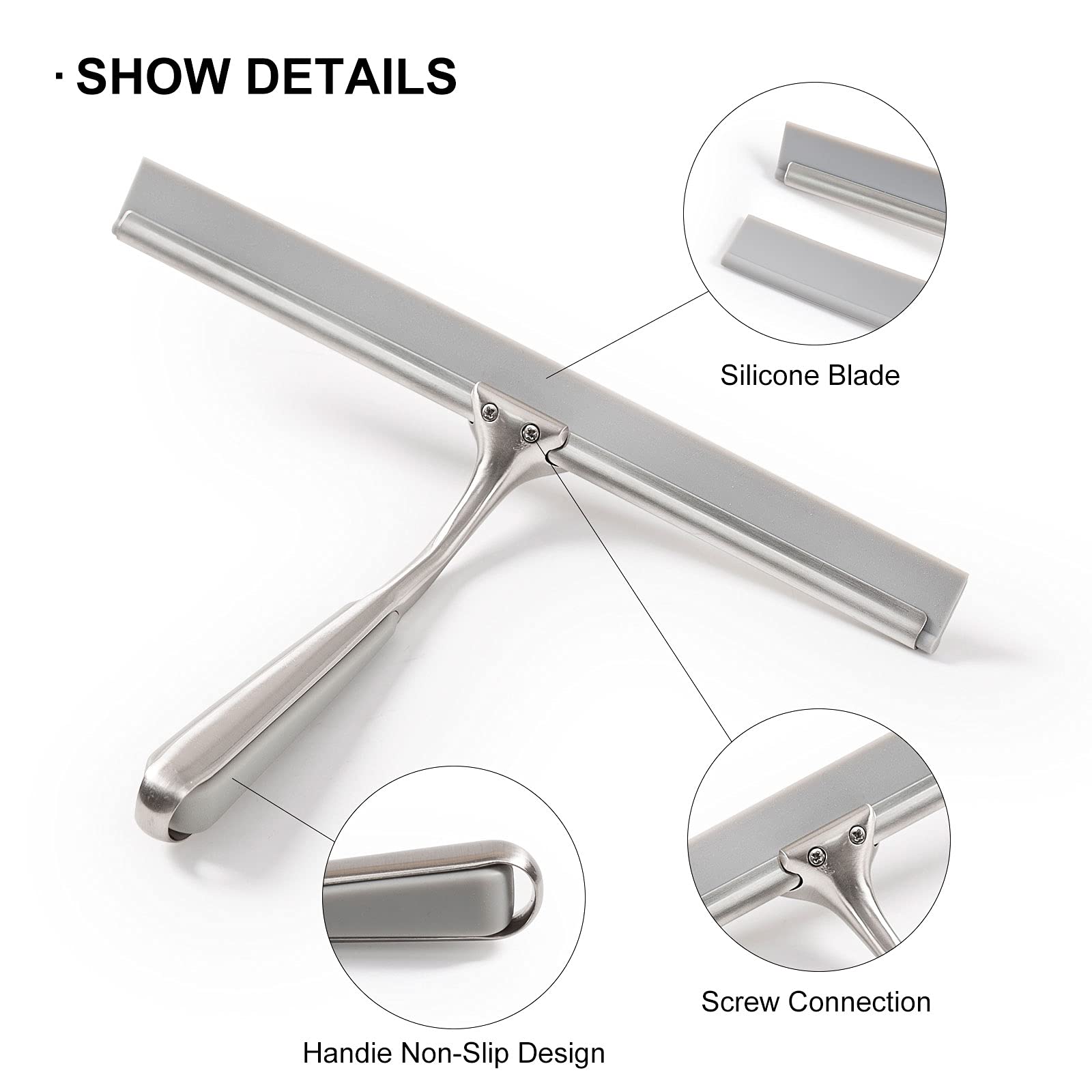 Shower Squeegee for Shower Doors 10 Inch Bathroom Squeegee for Windows,Kitchen,Mirror and Car Glass, Stainless Steel with Adhesive Hook