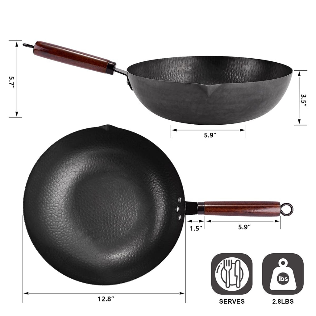 Leidawn 12.8" Carbon Steel Wok - 11Pcs Woks & Stir Fry Pans Wok Pan with Lid, No Chemical Coated Chinese Wok with 10 Cookware Accessories, Flat Bottom Woks for Electric, Induction and Gas Stoves