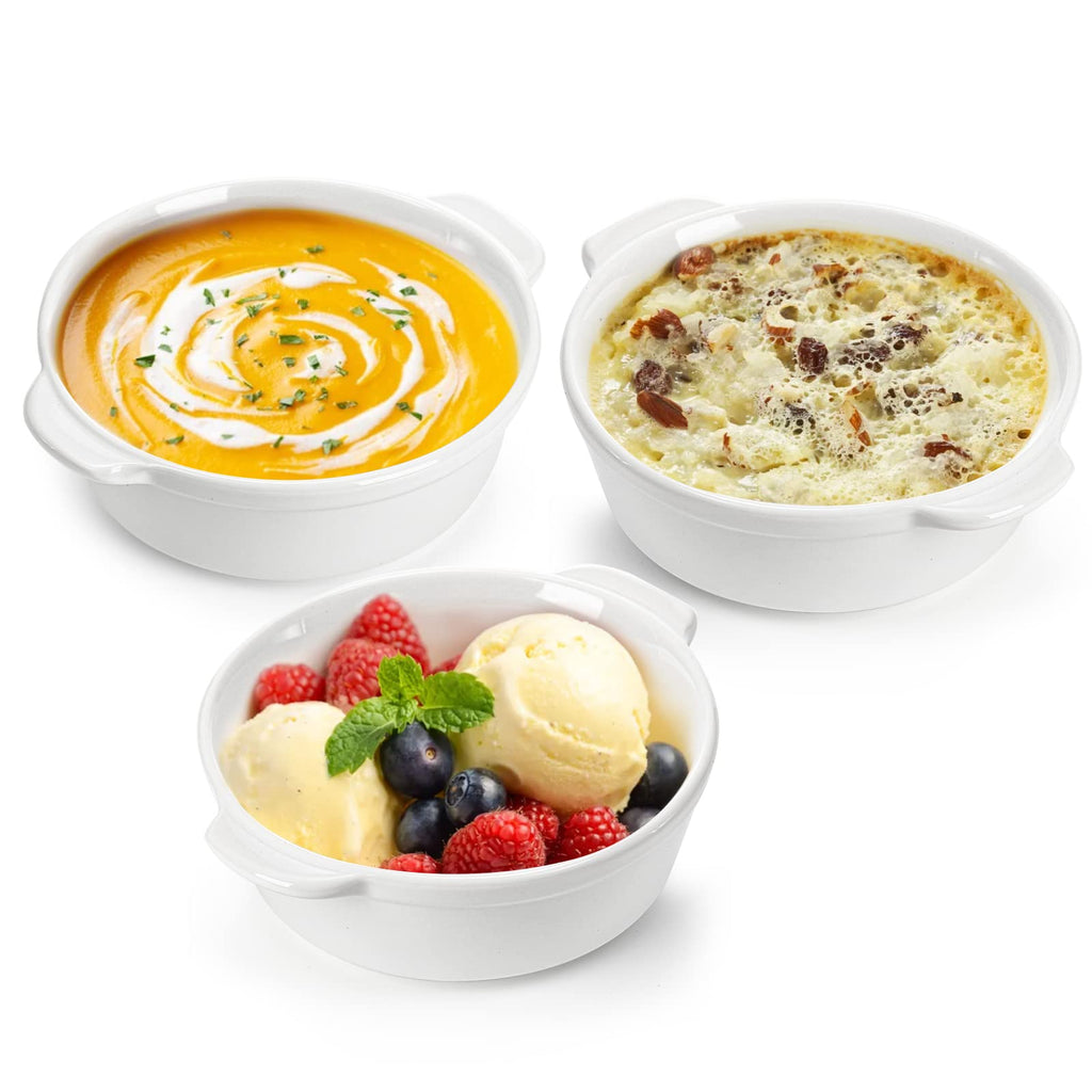 Foraineam 8 Pack 10 Ounce Porcelain Souffle Dishes with Double Handles Round Ramekins Bakeware Set for Pudding, Creme Brulee, Souffle