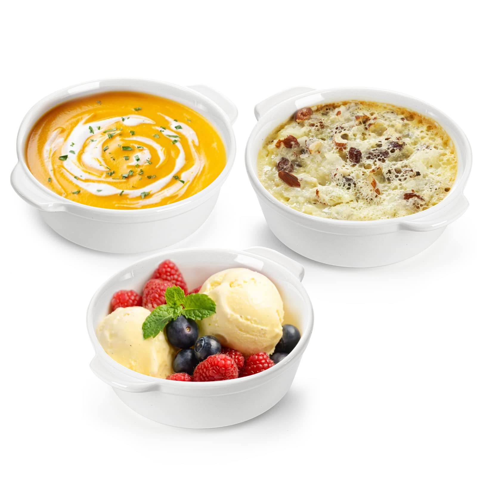 Foraineam 8 Pack 10 Ounce Porcelain Souffle Dishes with Double Handles Round Ramekins Bakeware Set for Pudding, Creme Brulee, Souffle