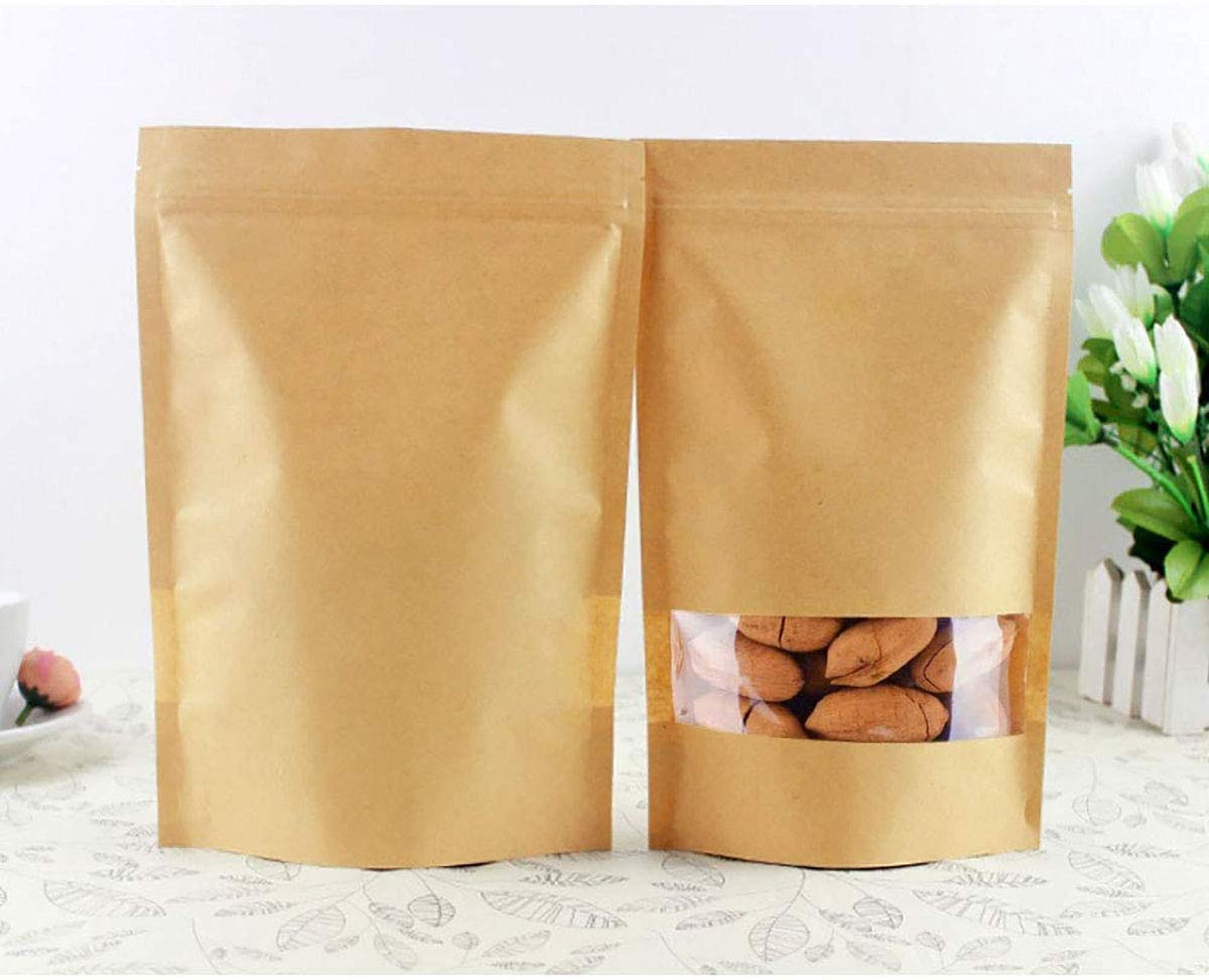 SONYANG 100 Pcs Kraft Paper Bags with Window Stand Up Pouches Bags, Zip Lock Food Storage Bags for Packaging Products, Reusable, Sealable (Brown, 5.5x7.9 inch)