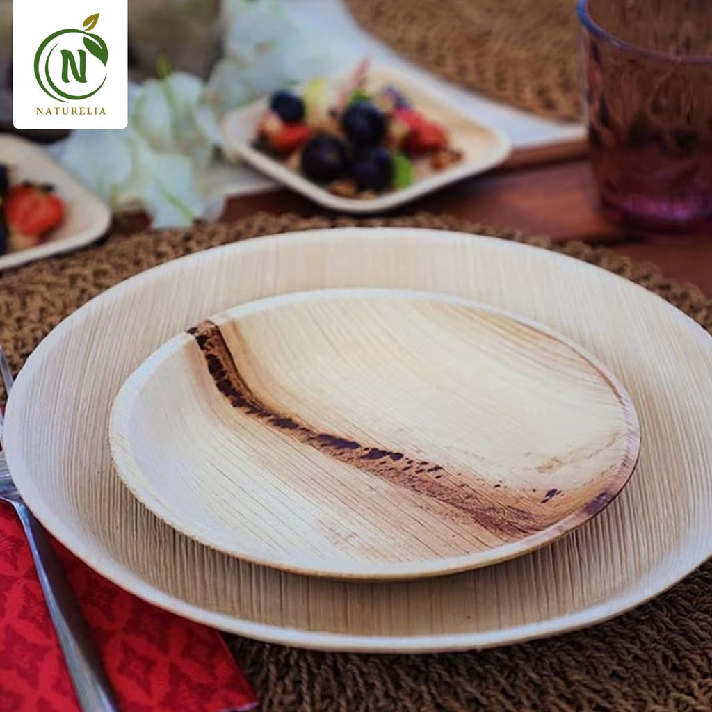 Naturelia 100% Compostable 8-Inch Palm Leaf Disposable Plates- Eco-Friendly, Biodegradable, Microwave & Oven Safe- Sustainable & Natural Cutlery Ideal for Weddings, Parties, Events