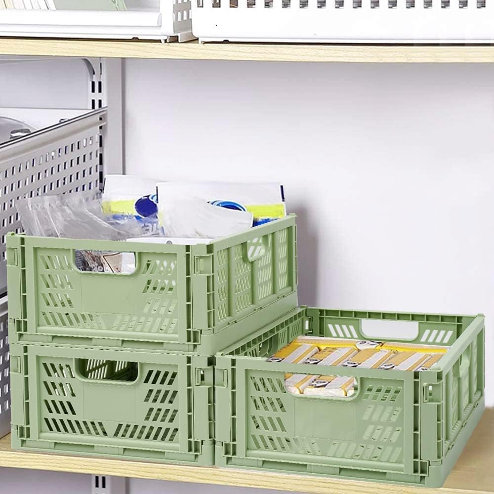 Asiulalt 4 Pack Plastic Storage Bin, Stackable Storage Container Crate with Handle, Collapsible Storage Basket for Organizing Home Office Shelves Closet Nursery (Green,13.3"x10.2"x5.1")