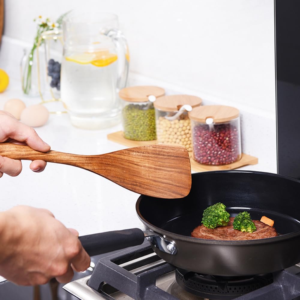 4 Pack Wooden Utensils for Cooking Natural Teak Spoons Spatula Kitchen Utensil Set Wood Spoon (4)