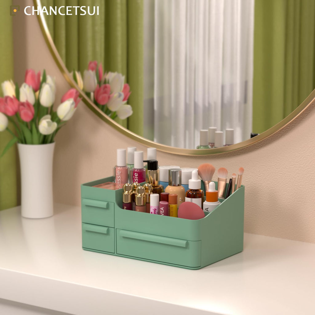 Makeup Organizer With Drawers, Countertop Organizer for Cosmetics, Vanity Holder for Lipstick, Brushes, Lotions, Eyeshadow, Nail Polish and Jewelry (Green)