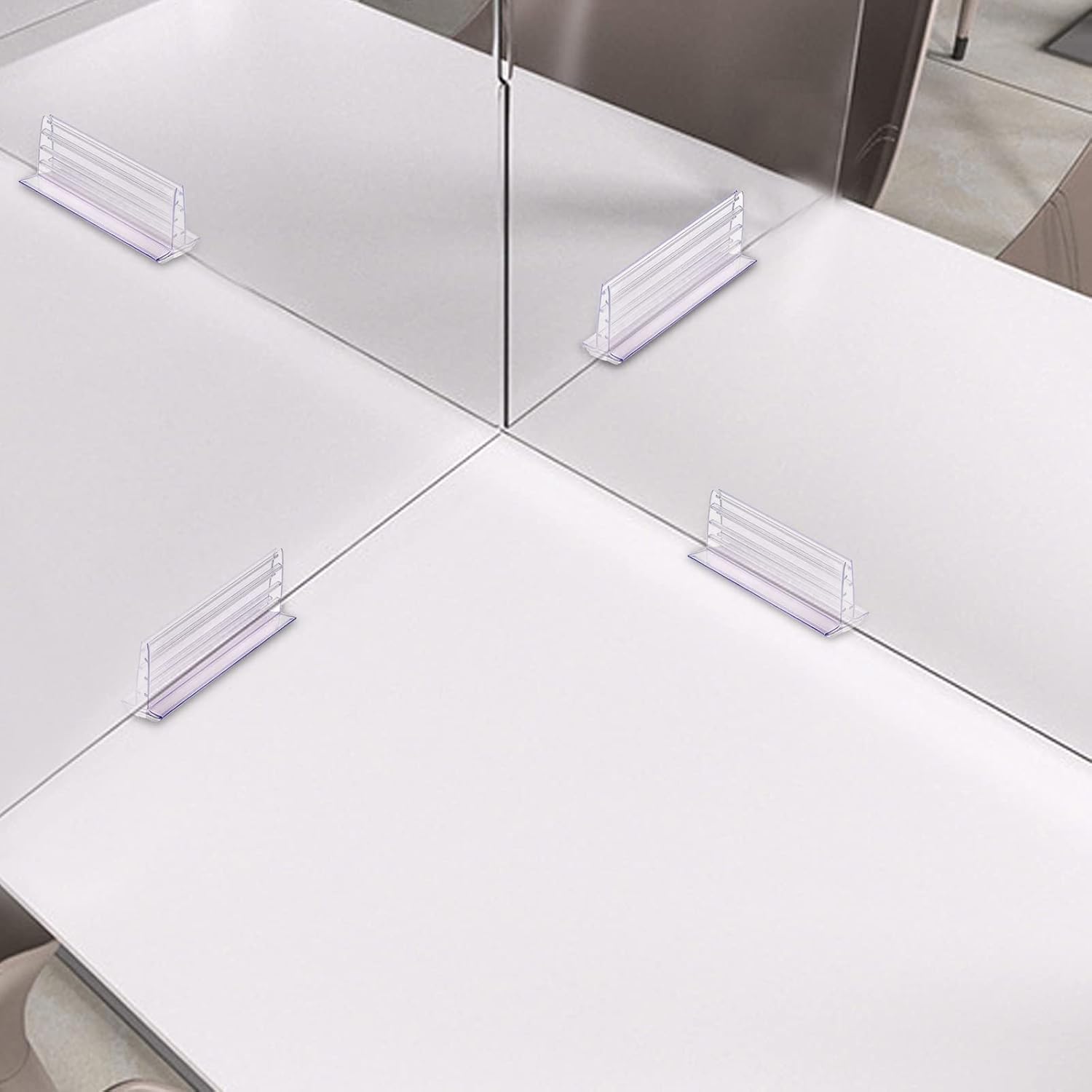 SOUJOY 50 Pack Self Adhesive Sneeze Guard Holder, 3'' x 1.6'' Acrylic Panels Holder Clip, Glass Sign Holder Stand, Desk Dividers Privacy for 0.1 to 5mm Thick