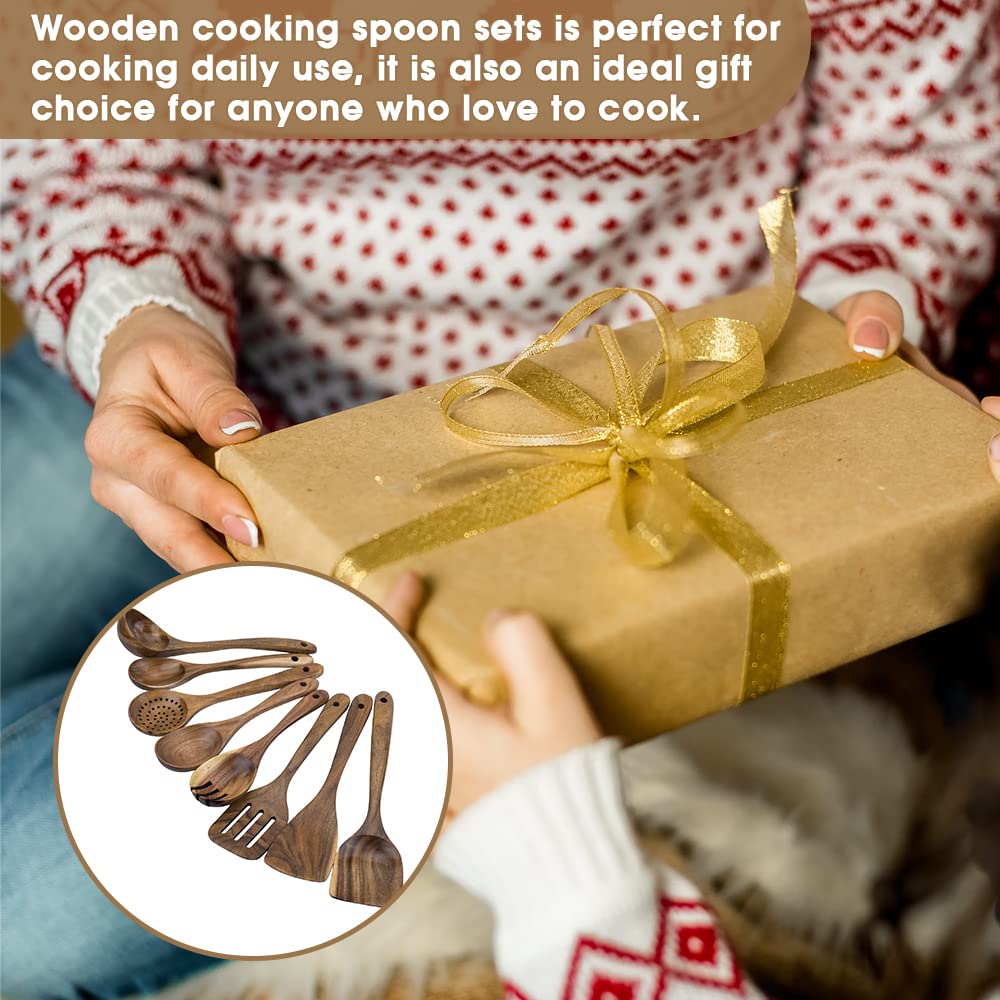 WOODME Kitchen Utensils Set 8 Piece Teak Wooden Cooking Utensil Set Non-Stick Pan Wood Spoons and Spatula Cookware for Home Everyday Use &Kitchen Tools (8pcs)