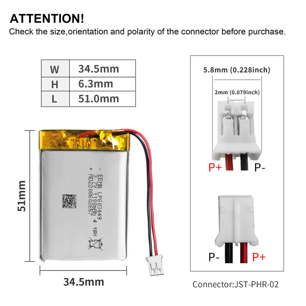 EEMB 3.7V 1100mAh 603449 Rechargeable Lithium Polymer ion Battery Pack with JST Connector.Make Sure Device Polarity Matches with Batteries Before Purchase!!!