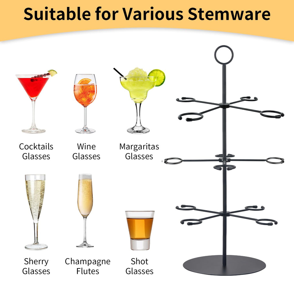QPIX DIGITAL Cocktail Tree Stand for Parties Brunch,3 Tiers 12 Holders Wine Glass Holder Stand,Champagne Tower Martinis Tree Wine Glasses Display for Mimosa Bar Parties Bridal Shower Weddings
