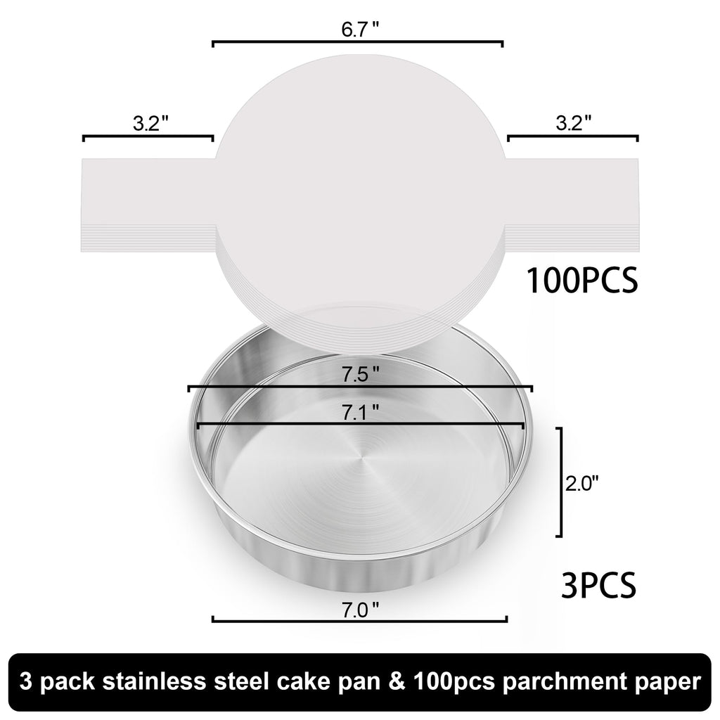 7 Inch Round Cake Pans Set of 3, Nonstick Stainless Steel Baking Pans Set with 100PCS Parchment Papers, Heavy Duty Durable Birthday Wedding Circle Layer Cake Pans Sets for Baking, Dishwasher Safe