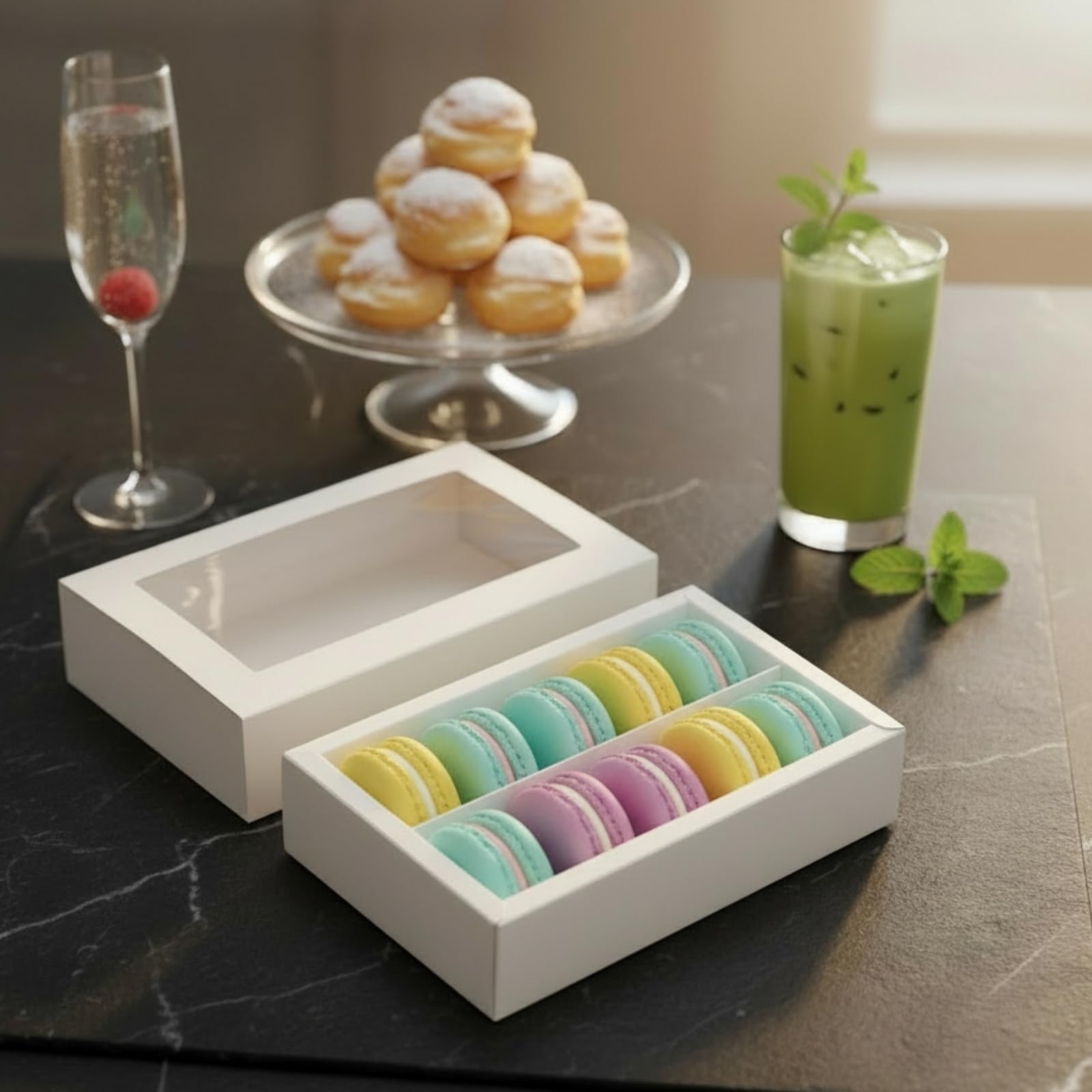 Dicunoy 30 Pack Macaron Boxes for 12, Macaron Gift Packaging Box with Clear Window, White Bakery Boxes, Cookie Packaging Box for Strawberry Gift, Chocolate, Truffles Cake, Desserts, Mini Cupcakes, Muffins