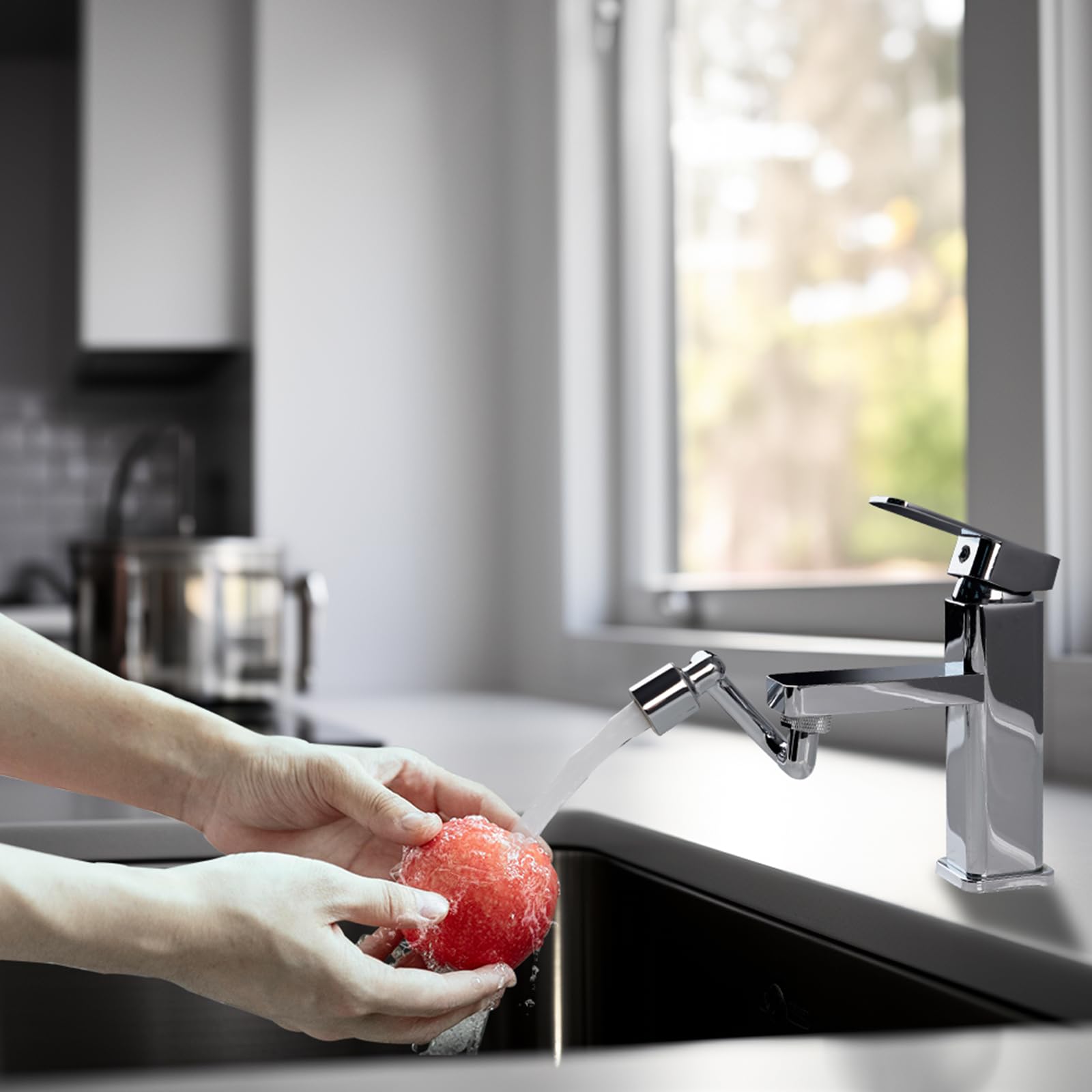 Hibbent Metal 1080 Swivel Faucet Extender: Universal Robotic Arm Swivel Extension Faucet Aerator with Dual Spray Mode, Splash Filter, Sink Faucet Attachment for Kitchen Faucet or Bathroom Sink Chrome