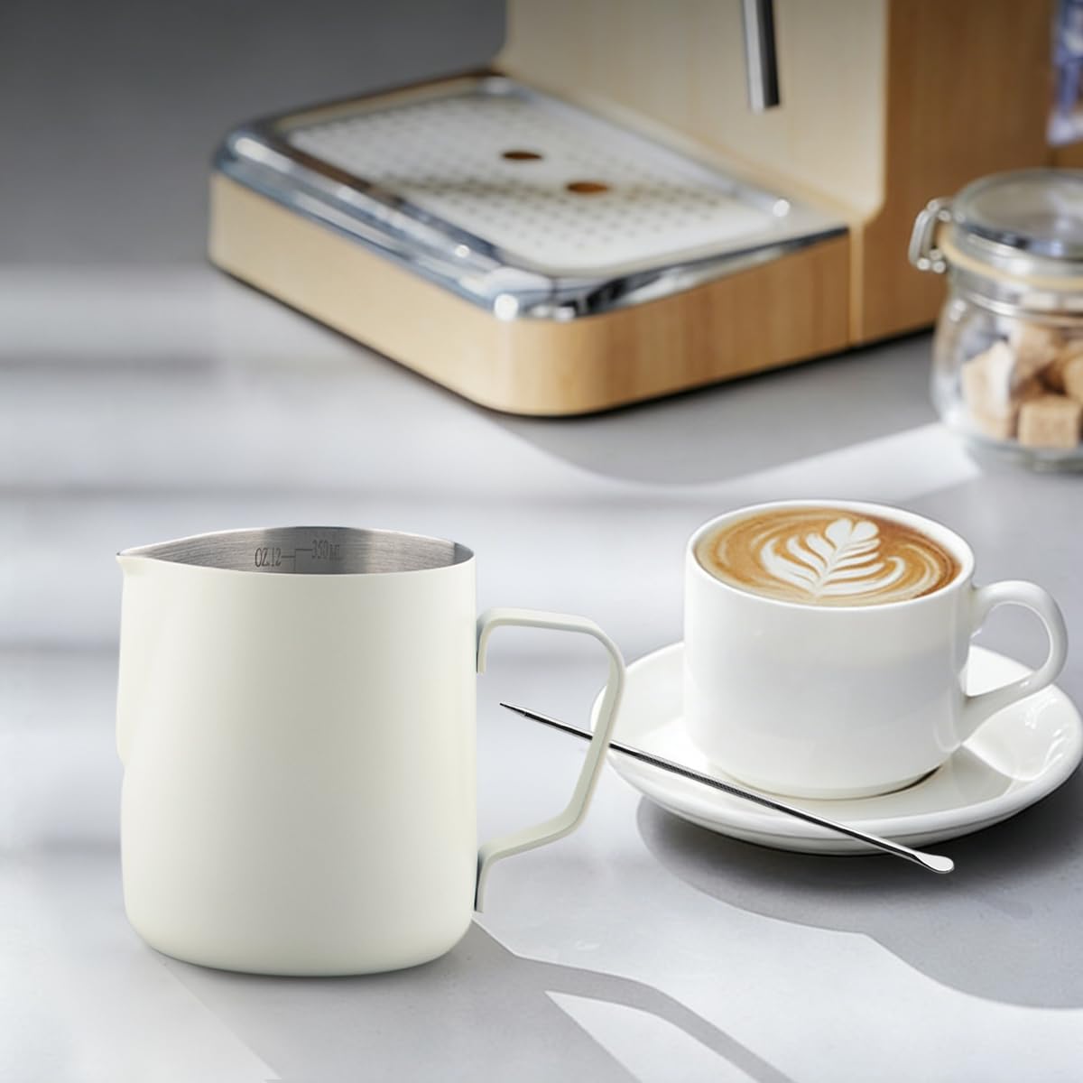 Uhuida Milk Frother Cup, 12oz/350ml Milk Pitcher, Thickened 304 Stainless Steel Milk Frothing Pitcher for Espresso Coffee, Milk(White)