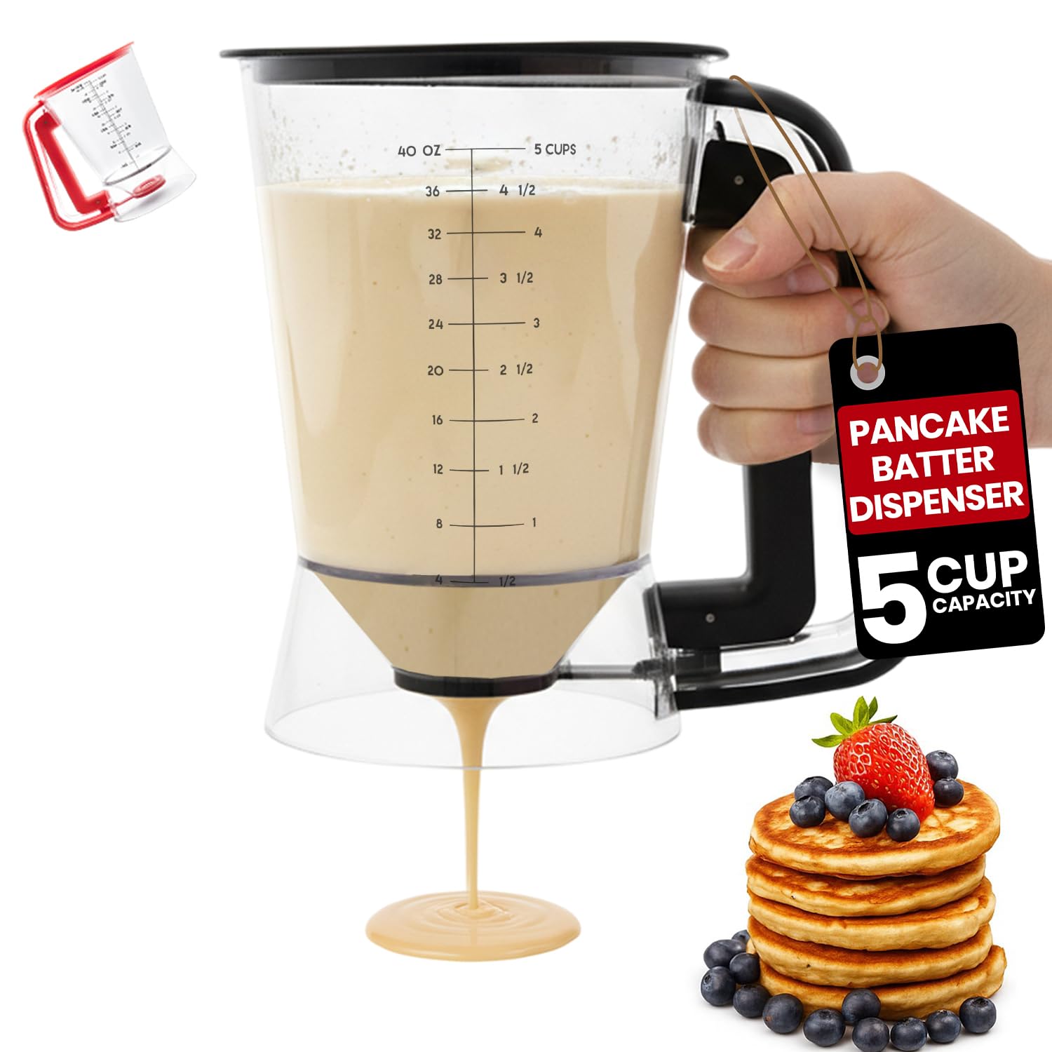 Eggssentials Pancake Dispenser for Batter - Pancake Mix Dispenser Cupcakes, and Muffins – Precision, Mess Free – Cake Mix Dispenser Bottle for Baking & Griddle - New Design Black Color