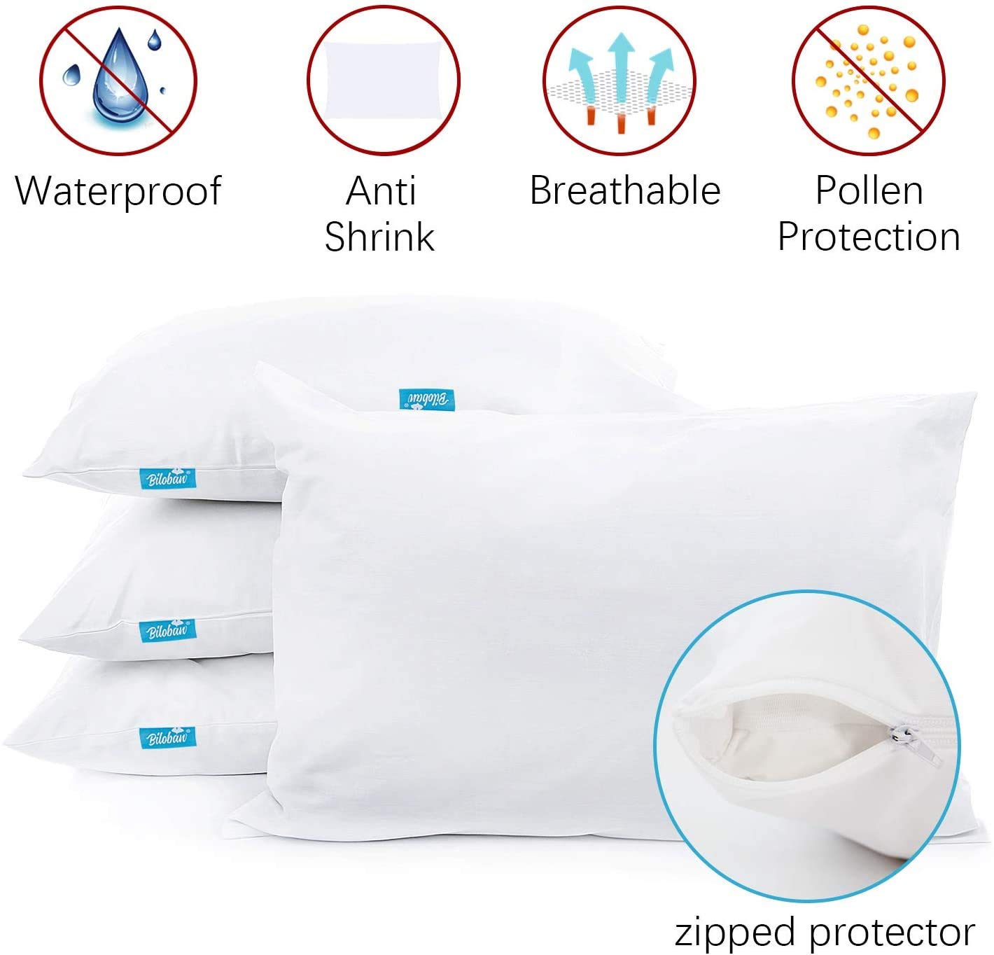 Biloban 4 Pack Waterproof Pillow Protectors Standard Bed Bug Proof Pillow Covers for Sleeping Noiseless Breathable Pillow Protector Standard White