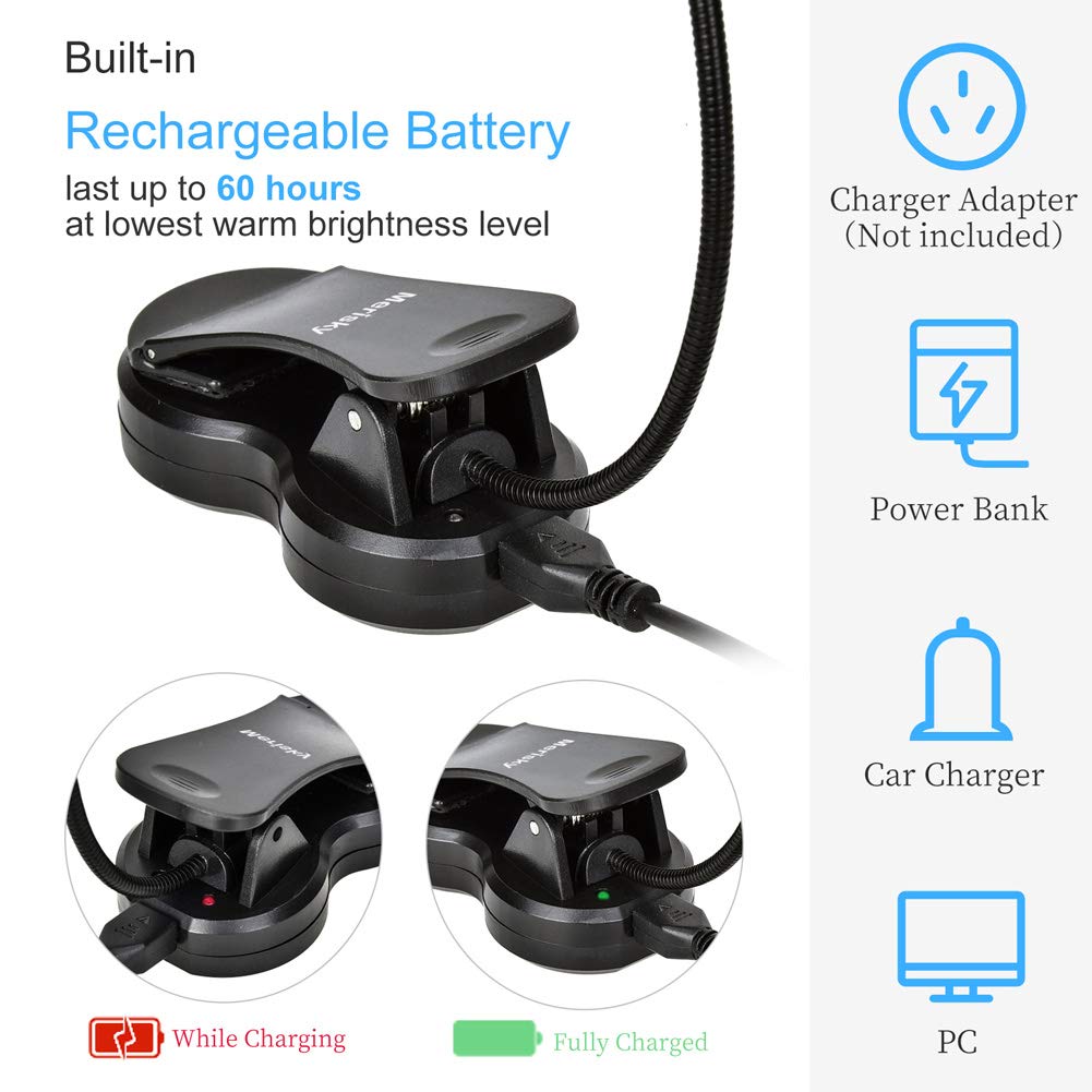 Merisky Rechargeable Book Light, LED Clip on Reading Light for Book in Bed, 3 Color 3 Brightness, Up to 60 Hours Eye Care Reading Lamp, Warm & White, Perfect for Bed Headboard & Travel