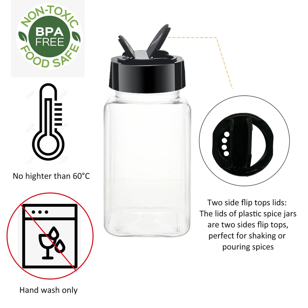 BPFY 12 Pack 4oz Clear Plastic Spice Jars With Black Lids, Square Spice Bottles, Plastic Seasoning Containers with Chalk Labels, Pen, Funnel, Spice Containers For Kitchen Cabinet