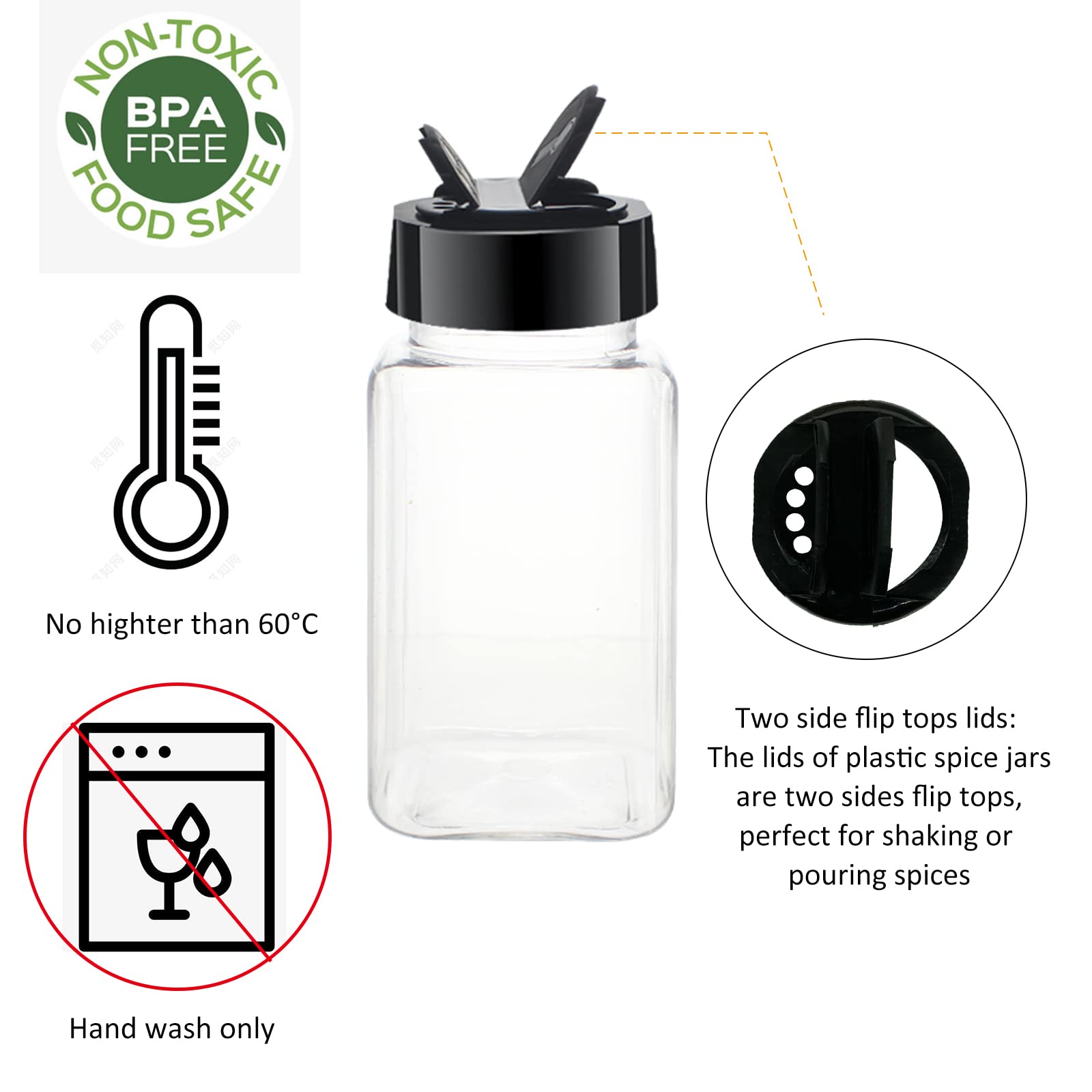 BPFY 24 Pack 4oz Clear Plastic Spice Jars With Black Plastic Lids, Square Spice Bottles, Seasoning Containers with Chalk Labels, Pen, Funnel, Spice Containers For Kitchen Cabinet