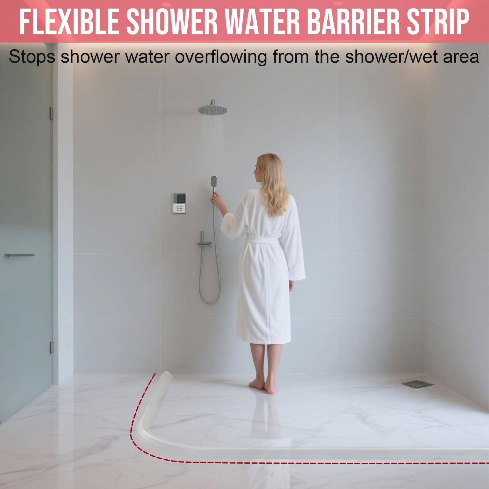 Shower Threshold Water Dam Barrier, 98 Inch Self-Adhesive Shower Water Dam for Bathroom Floor Dry and Wet Separation, Installs in Minutes Fits Kitchen Sink, Bathroom Floor, Shower Tray Applications