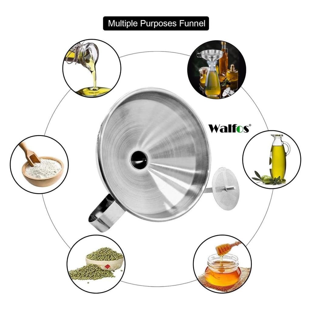 Walfos Stainless Steel Funnel Kitchen Set 3 Pack Funnels with 2 Removable Strainer Filter for Transferring of Liquid, Fluid, Cooking Oils, Jam, Dry Ingredients & Powder and 1 Pcs Cleaning Brush