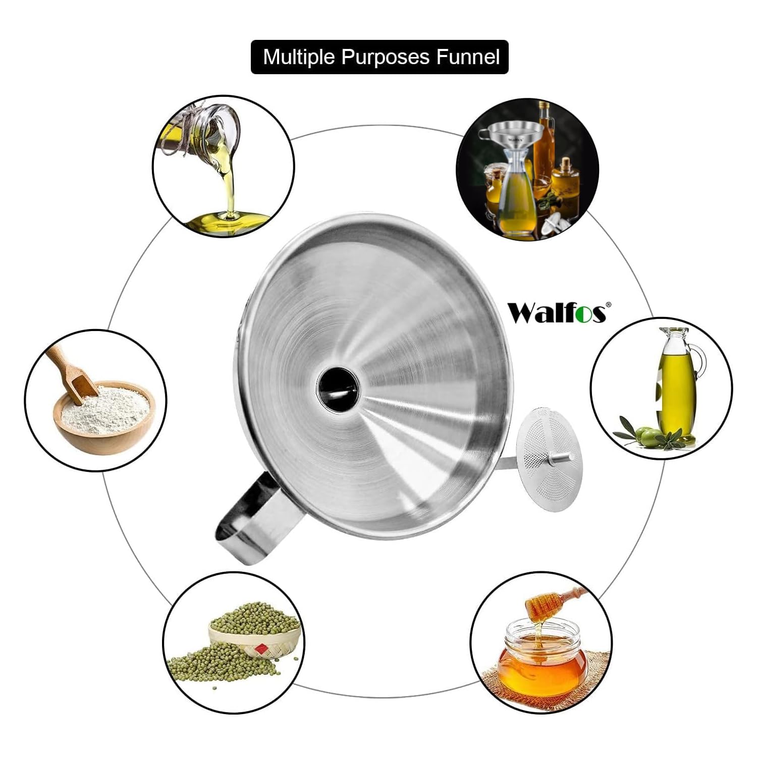 Walfos Stainless Steel Funnel Kitchen Set 3 Pack Funnels with 2 Removable Strainer Filter for Transferring of Liquid, Fluid, Cooking Oils, Jam, Dry Ingredients & Powder and 1 Pcs Cleaning Brush