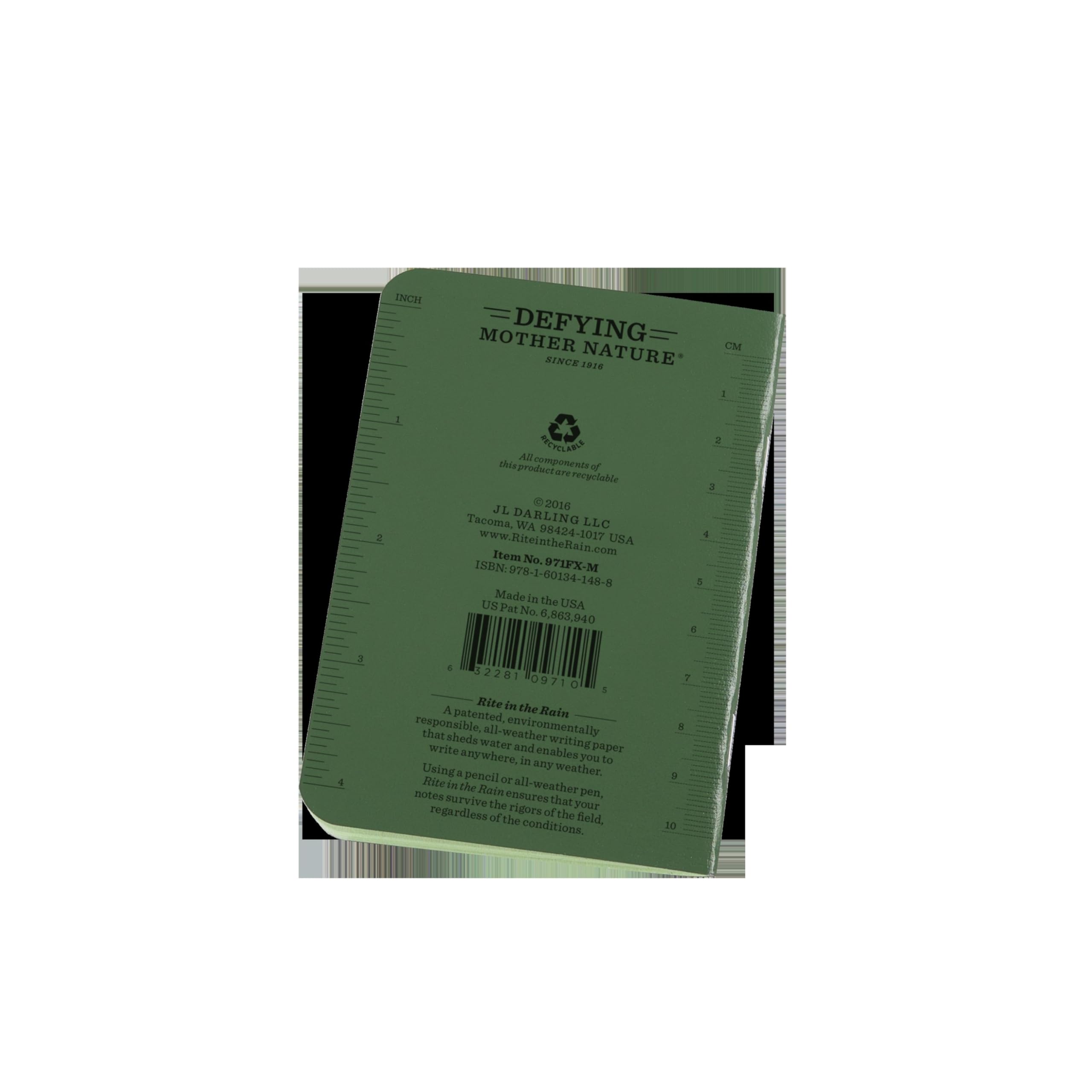 Rite in the Rain Weatherproof Mini-Stapled Notebook, 3 1/4" x 4 5/8", Green Cover, Universal Pattern, 3 Pack (No. 971FX-M)