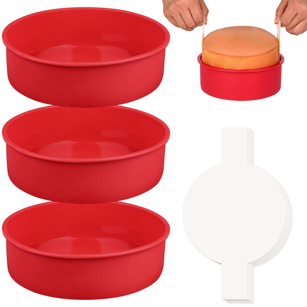 HUAKENER 6 Inch Round Cake Pan, 3 Pack Silicone Cake Molds with 100 Pieces Parchment Paper, Nonstick Cake Molds for Smash Cakes, Layer Cakes, Cheese Caks, Chocolate Cakes