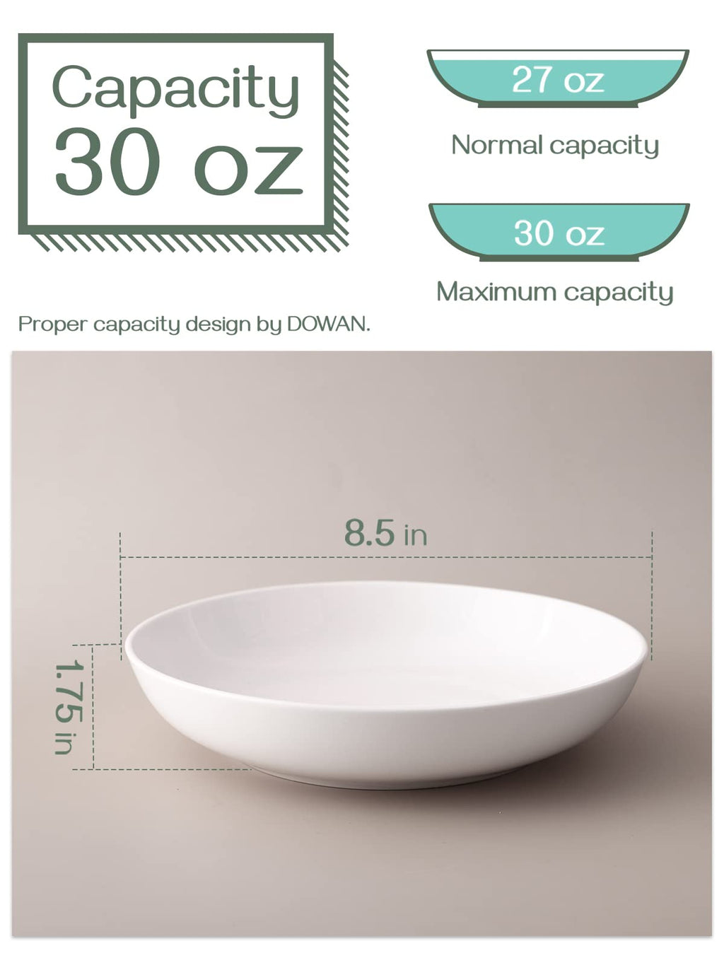 DOWAN 8.5" Pasta Bowls Set of 4, 30oz White Ceramic Shallow Dinner Bowls for Salad, Soup & Pasta, Stackable and Easy to Clean, Ideal for Everyday Use & Housewarming Gift(Soft White)