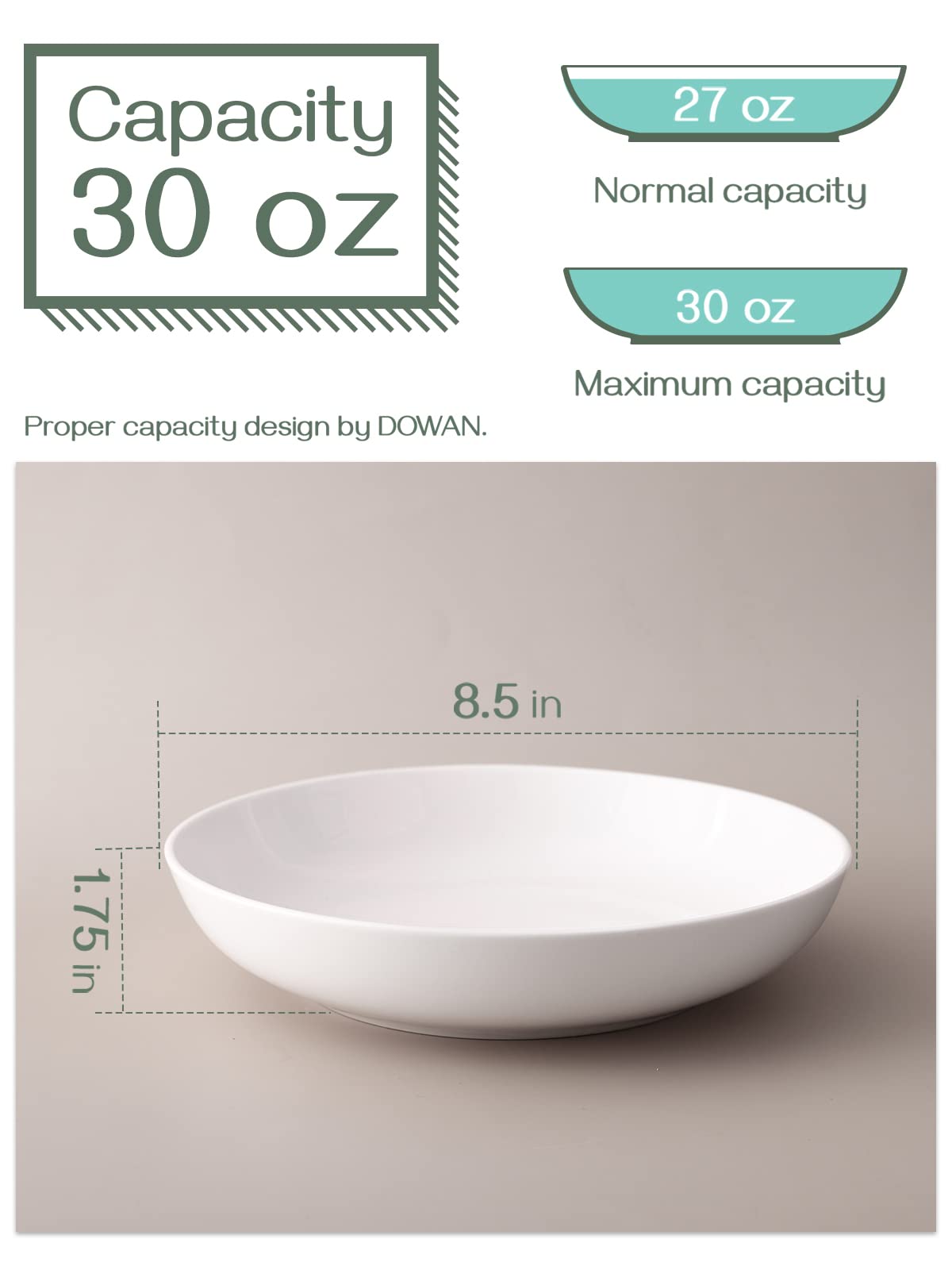 DOWAN 8.5" Pasta Bowls Set of 4, 30oz White Ceramic Shallow Dinner Bowls for Salad, Soup & Pasta, Stackable and Easy to Clean, Ideal for Everyday Use & Housewarming Gift(Soft White)