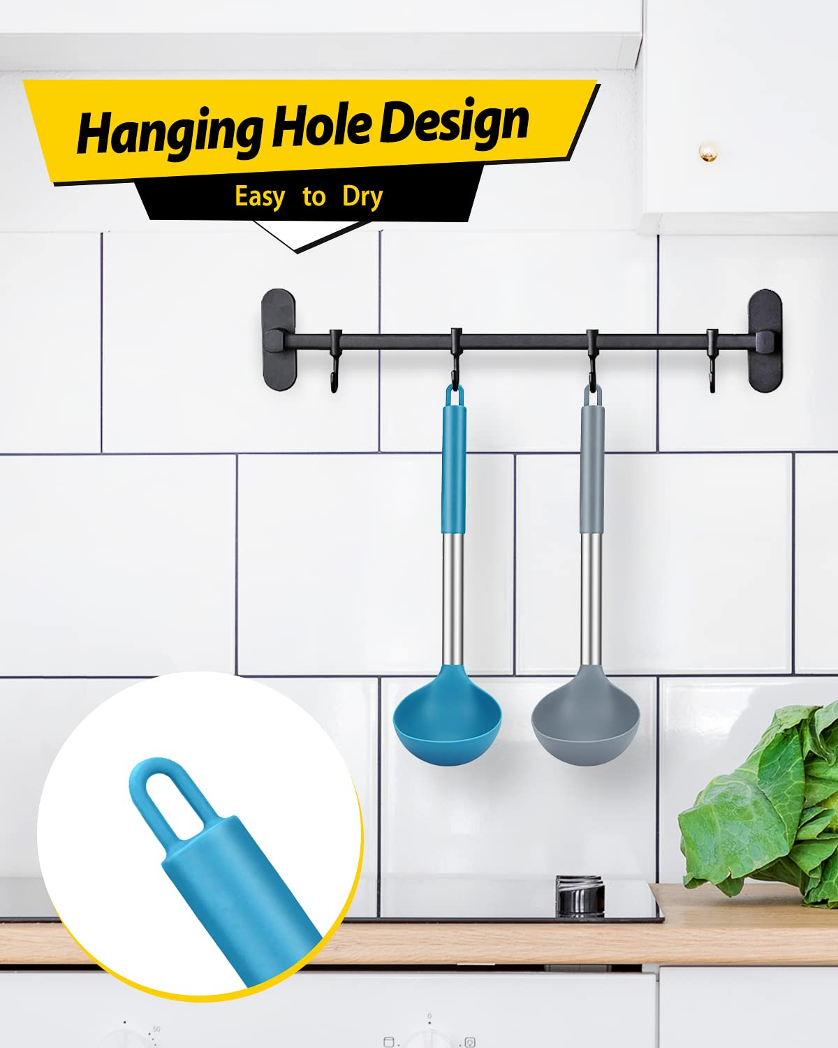 Ladle Spoon Set of 2 Silicone Large Spoon for Soup Non Stick Kitchen Utensils with High Heat Resistant BPA Free Perfect Kitchen Tools for Cooking Stirring Serving Soups (Gray-Blue)
