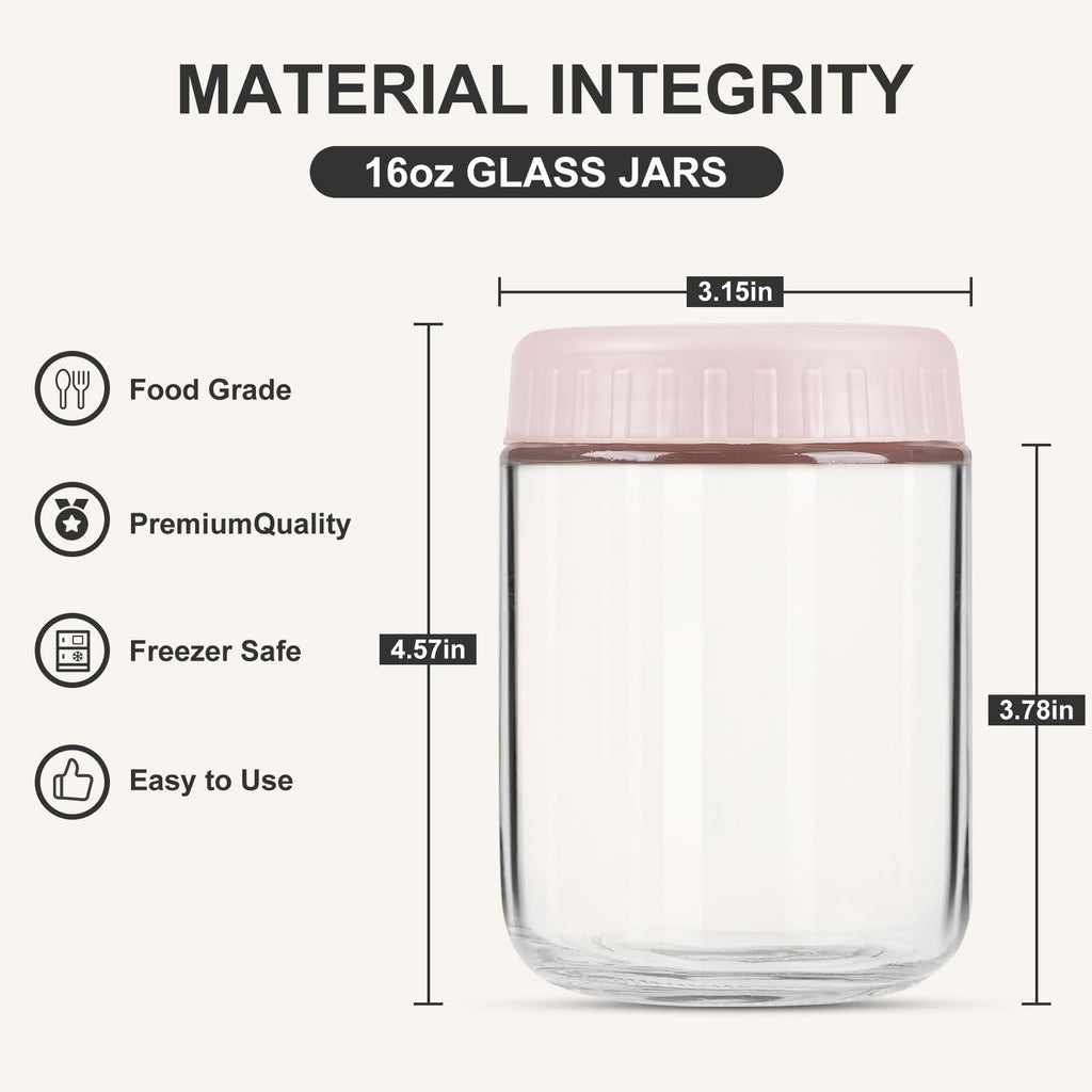 Overnight Oats Containers with Lids, 16oz Glass Jars with Lids 4 pcs, Wide Mouth Mason jars for Salad, Yogurt, Snacks, Meal Prep
