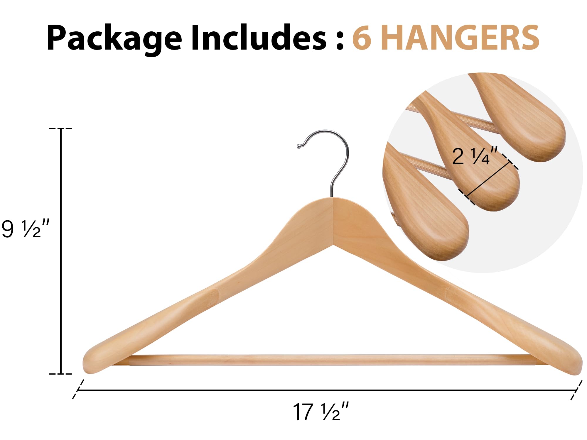 StorageWorks Wooden Hangers 6 Pack, Extra Wide Shoulder Wood Coat Hanger for Coats, Shirts, Jackets, Pants, Suits, Natural Wood Color