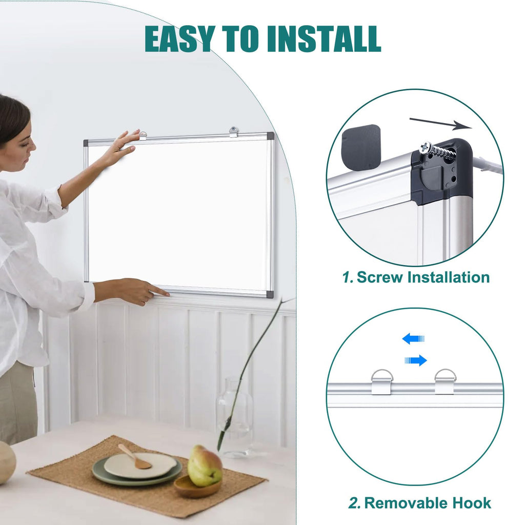 Double-Sided Magnetic Whiteboard for Wall 24 x 18 Inch, Large Dry Erase Board with Silver Aluminum Frame, Horizontal Vertical Hanging with Hole-Free Hooks, Complete 14-Piece Accessory Kit