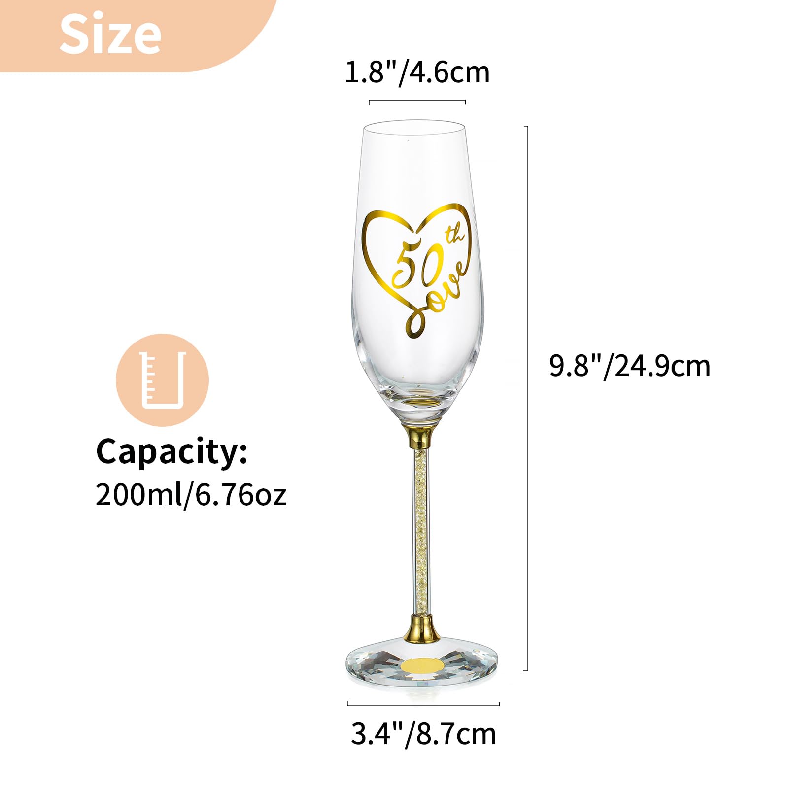 NUPTIO 50th Anniversary Champagne Flutes: Set of 2 Gold Crystal Toasting Glasses with Wooden Gift Box Engraved Wine Glass for Birthday Party Table Decoration Ideal Gifts for Couple Parents His and Her