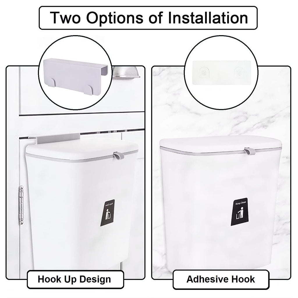 Hanging Trash Can with Lid for Under Sink or Cabinet Door, 2.4 Gallon Kitchen Compost Bin with Inner Bucket, Garbage Can for Cupboard/Bathroom/Bedroom/Office/Camping, Wall Mounted Indoor, White