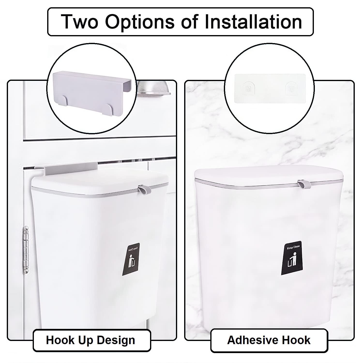 Hanging Trash Can with Lid for Under Sink or Cabinet Door, 2.4 Gallon Kitchen Compost Bin with Inner Bucket, Garbage Can for Cupboard/Bathroom/Bedroom/Office/Camping, Wall Mounted Indoor, White