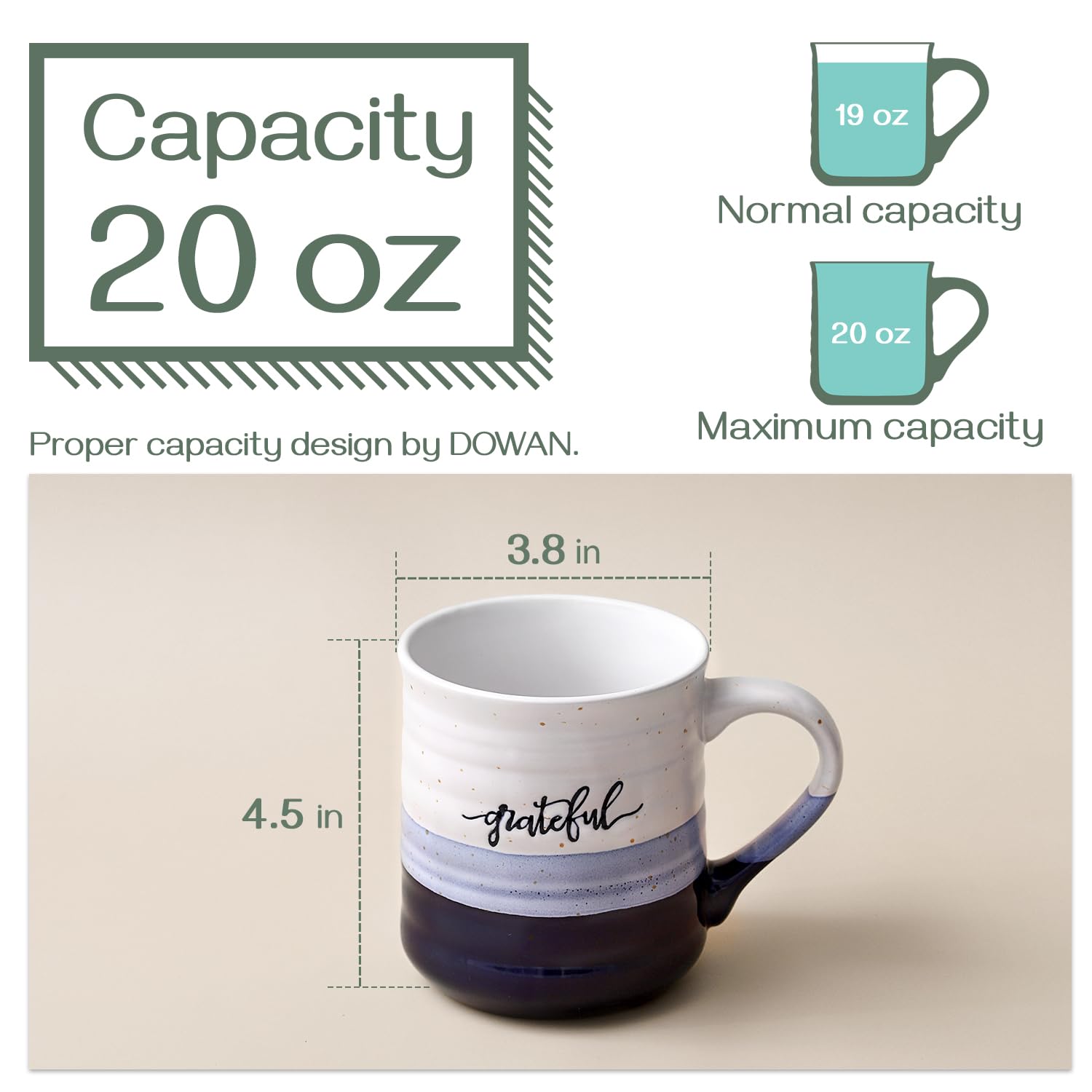 DOWAN 18 oz Large Coffee Mugs, Ceramic Mug Set with Words Blessed Grateful, Easy to Hold, Stylish Texture and Glaze, Dishwasher and Microwave Safe, Thank You Gift for Family Friend, 2 PCS