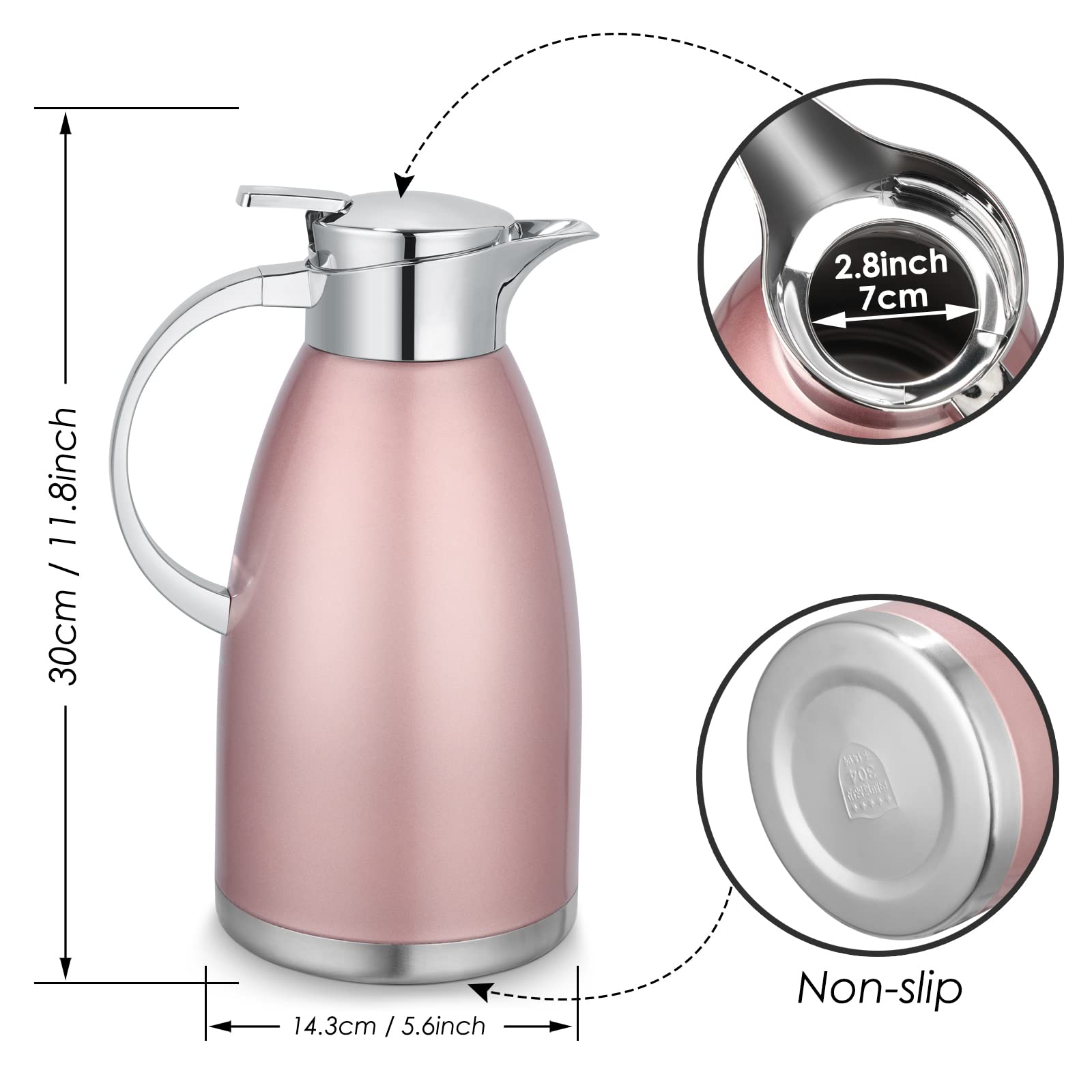 Asiulalt 2.3L/ 78oz Stainless Steel Thermal Carafe, Coffee Carafe Jugs with Lid, Double Walled Vacuum Insulated Coffee Pot with Press Button Top for Coffee/Juice/Milk/Tea etc (Pink)