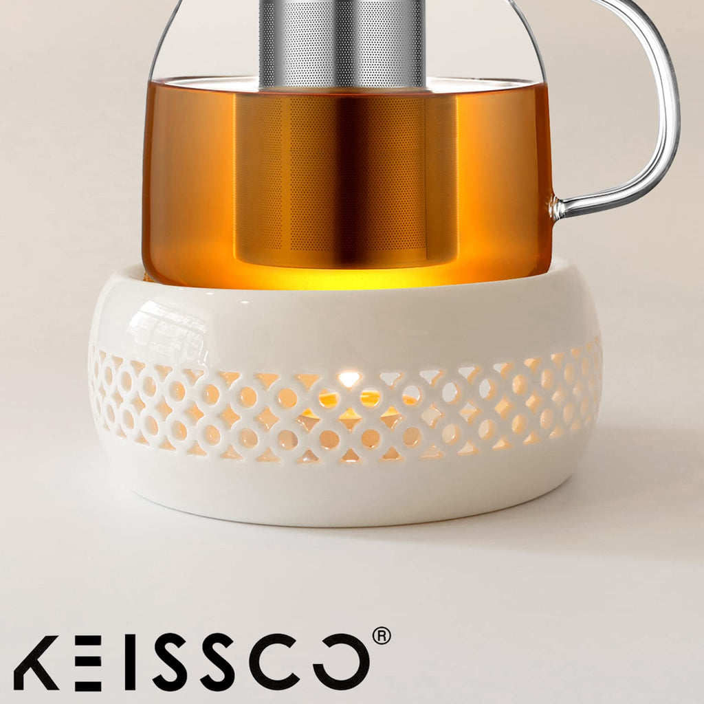 KEISSCO Teapot Warmer, Ceramic Teapot Heater with Cork Cushion Coffee Tea Warmer for Glass, Stainless Steel, Ceramic Teapot and Other Heatproof Dish Warming Use