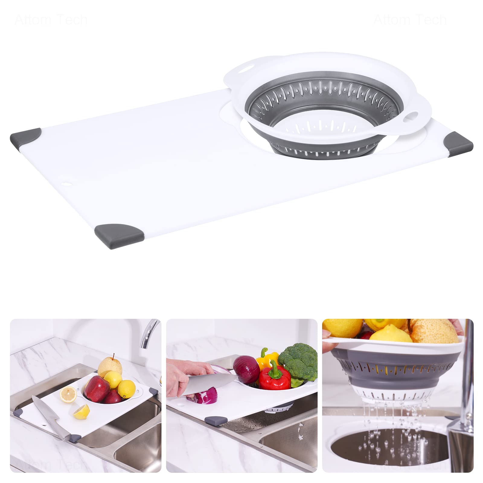 NiHome Over the Sink Cutting Board with Collapsible Colander, 2-In-1 Sink Drainer Board 11"x17.7" Anti-Slip Cutting Board and Detachable Draining Basket with Ergonomic Handle PP Plastic and TPR Rubber