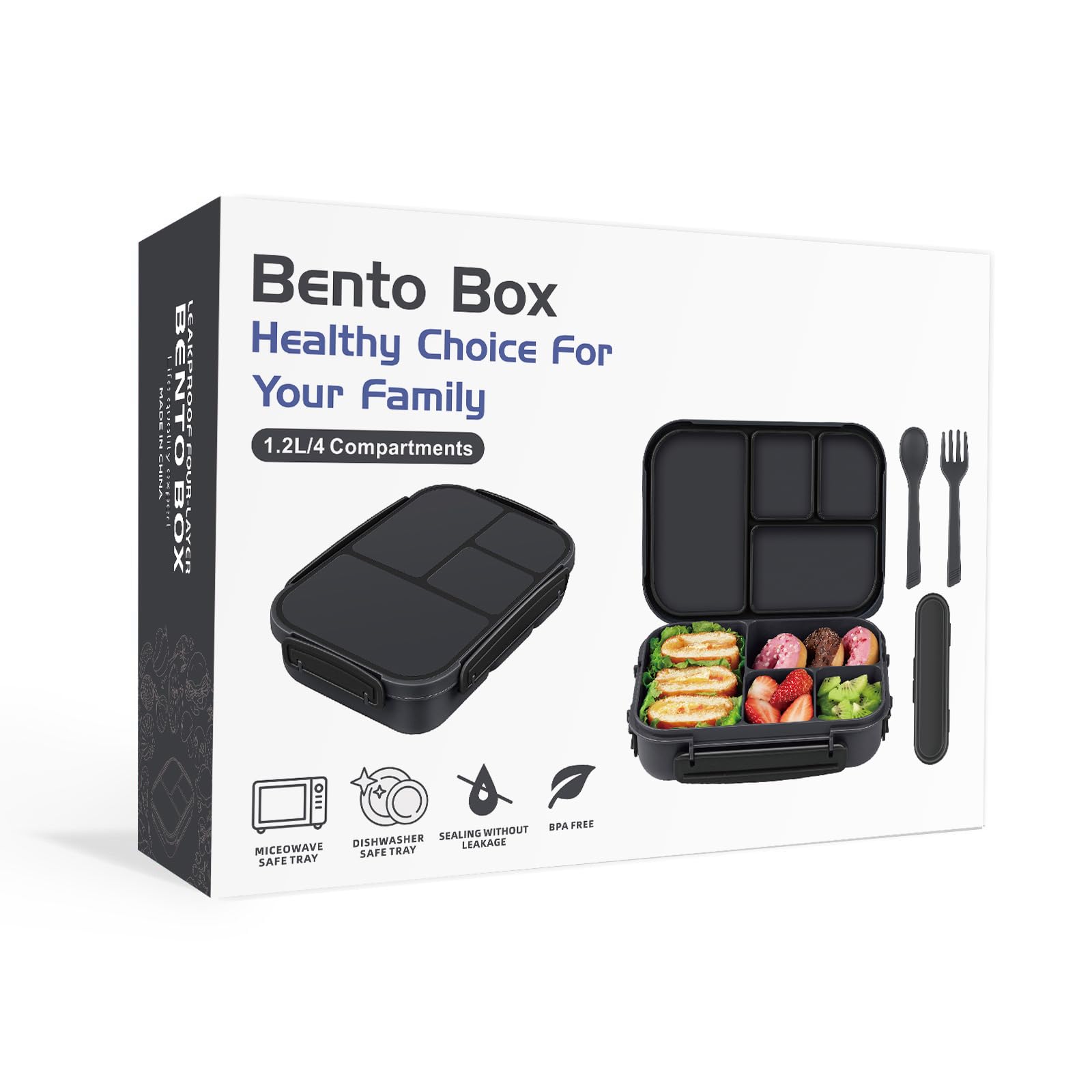 Amathley Lunch Box Kids,Bento Box Adult Lunch Box,Leakproof Lunch Containers for Adults/Kids/Toddler,1200ML-4 Compartments bento Lunch box with Utensil,Microwave & Dishwasher Safe(Dark Gray)