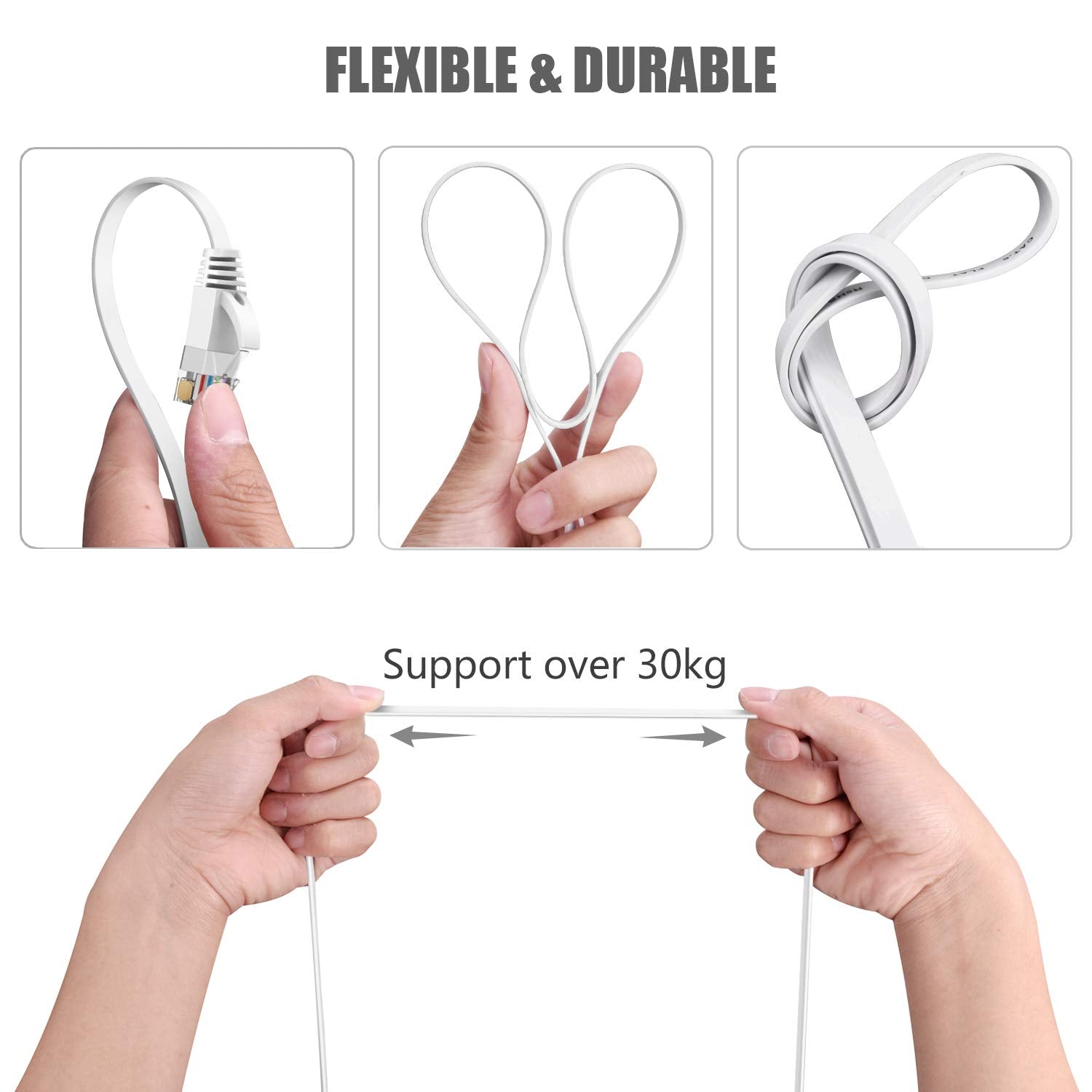 Cat6 Ethernet Cable 100 FT White, BUSOHE Cat-6 Flat Computer Internet LAN Network Ethernet Patch Cable Cord, RJ45 LAN Wire - 100 Feet